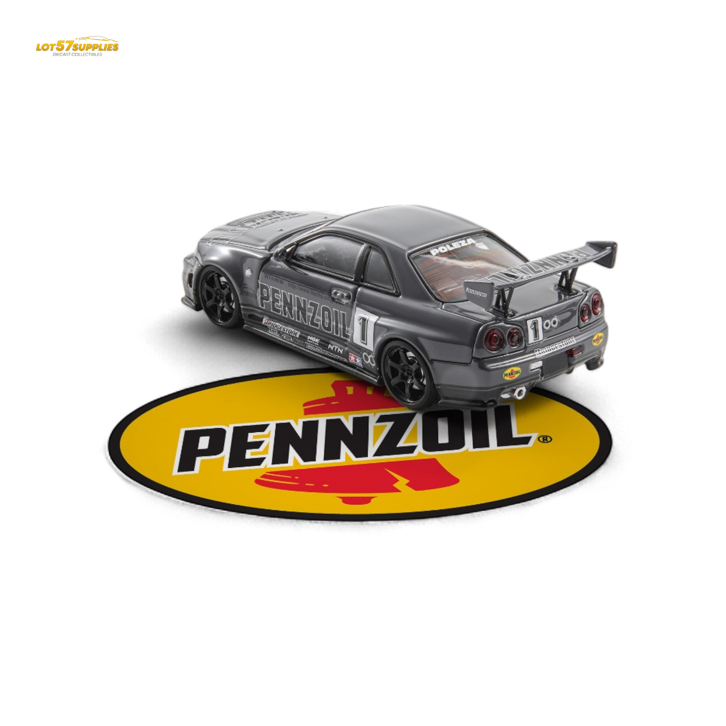 Fast Speed FS 1:64 Skyline GT-R R34 Nismo Z-Tune Pennzoil #1 – Grey (Foshan AIT Exhibition Edition) - Collectors World Toys