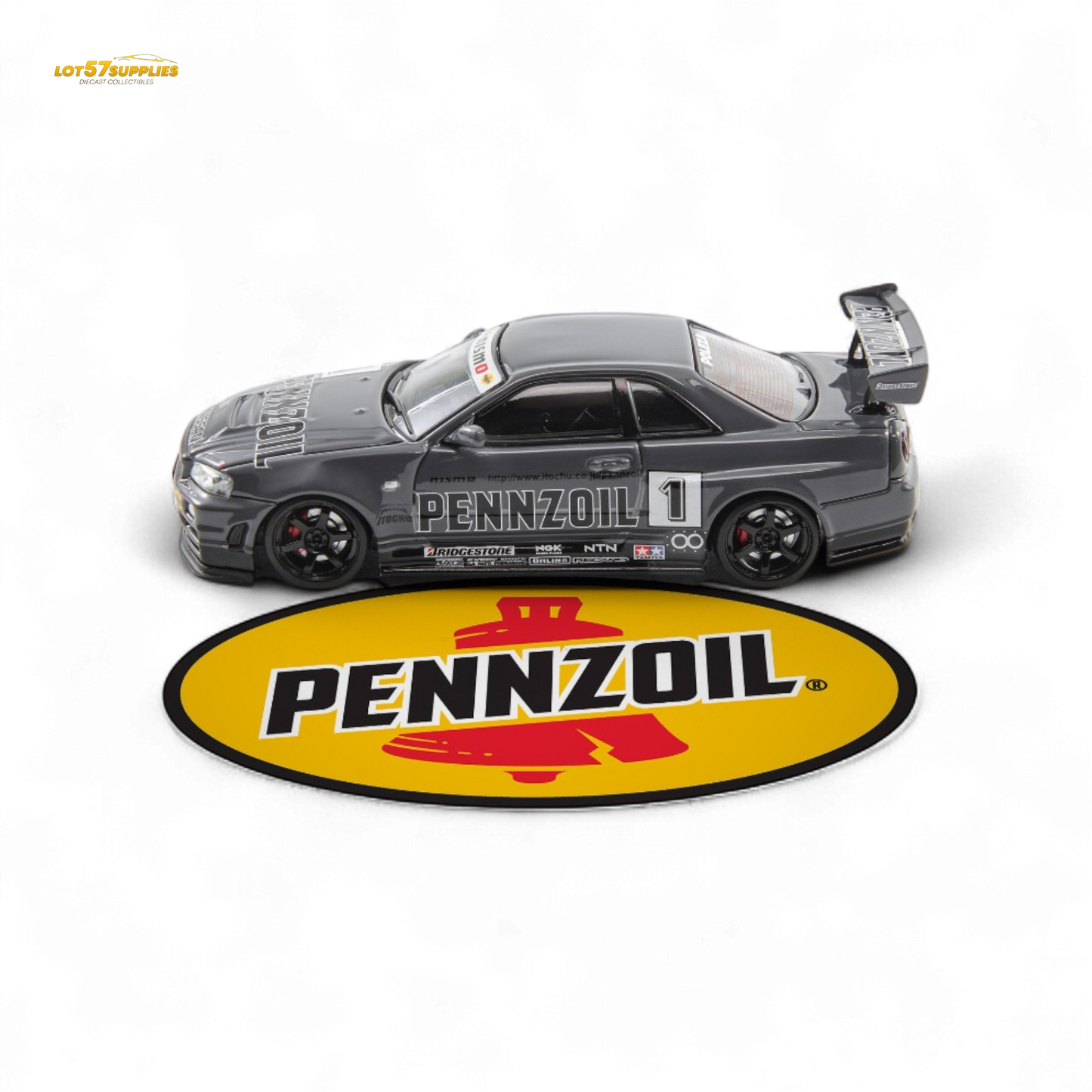 Fast Speed FS 1:64 Skyline GT-R R34 Nismo Z-Tune Pennzoil #1 – Grey (Foshan AIT Exhibition Edition) - Collectors World Toys