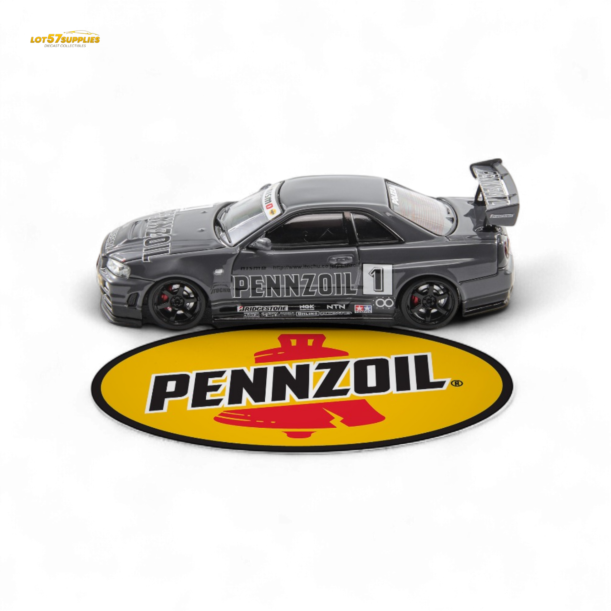 Fast Speed FS 1:64 Skyline GT-R R34 Nismo Z-Tune Pennzoil #1 – Grey (Foshan AIT Exhibition Edition) - Collectors World Toys
