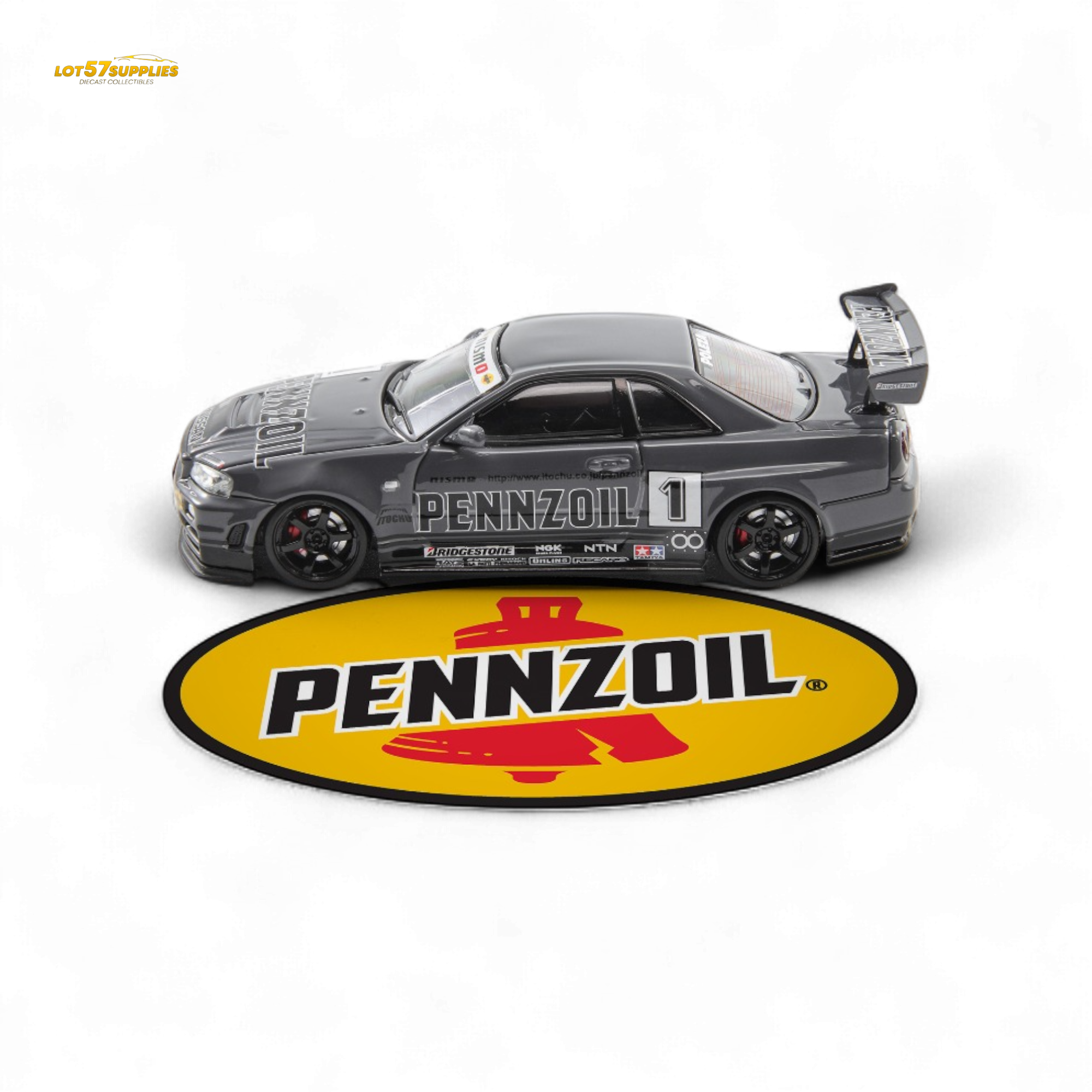 Fast Speed FS 1:64 Skyline GT-R R34 Nismo Z-Tune Pennzoil #1 – Grey (Foshan AIT Exhibition Edition) - Collectors World Toys
