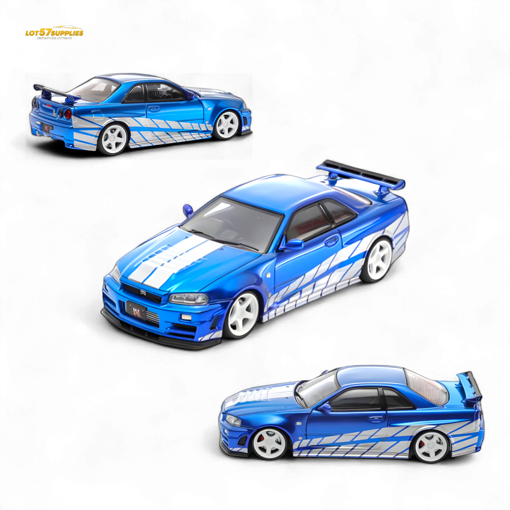 Fast Speed Skyline GT-R R34 Nismo Z-Tune - Blue with Silver Stripes 1:64 Main image