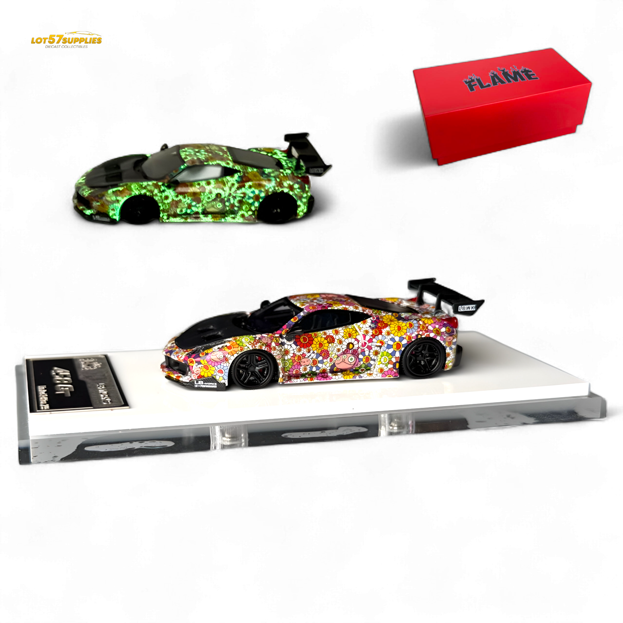 Flame Supercar LB458GT LB Wide-Body - Takashi Murakami Flower Livery - Glows in dark 1:64 Resin Main image
