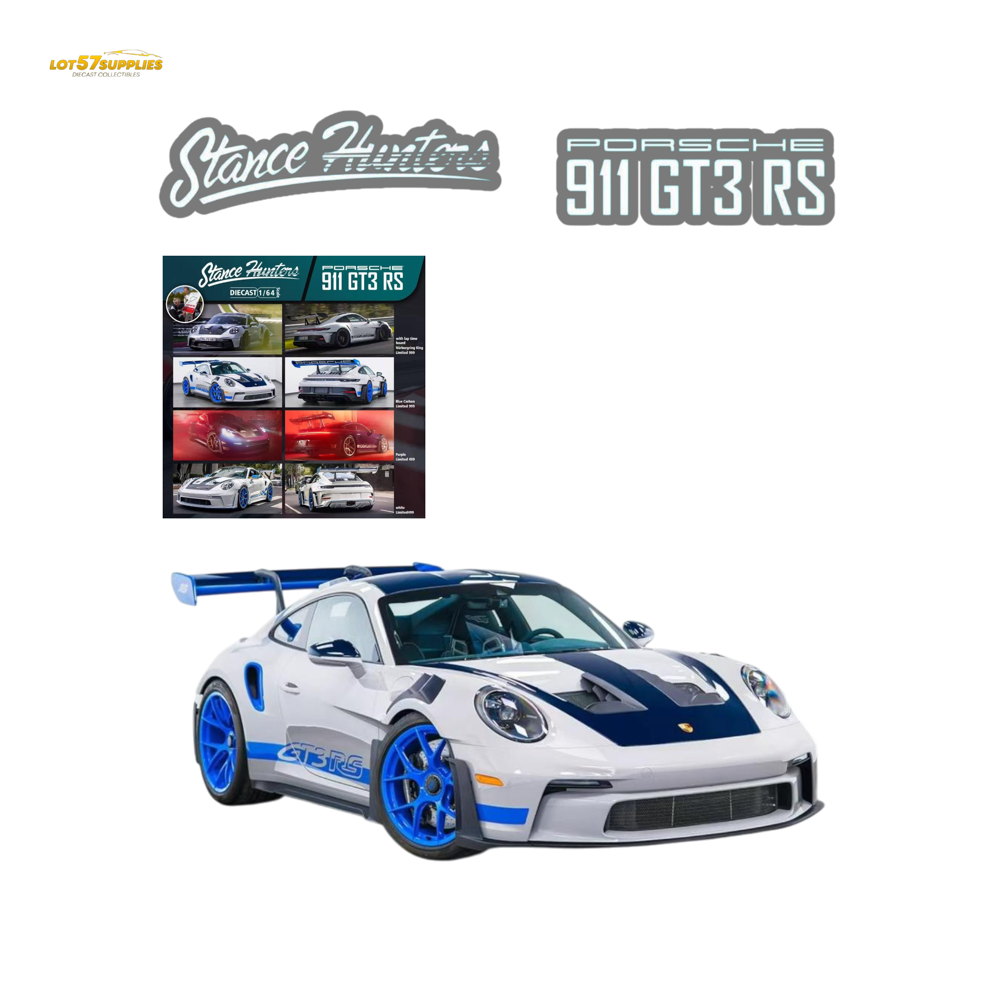 (Pre-Order) Stance Hunters Porsche 911 GT3 RS - White - Blue Carbon 1:64