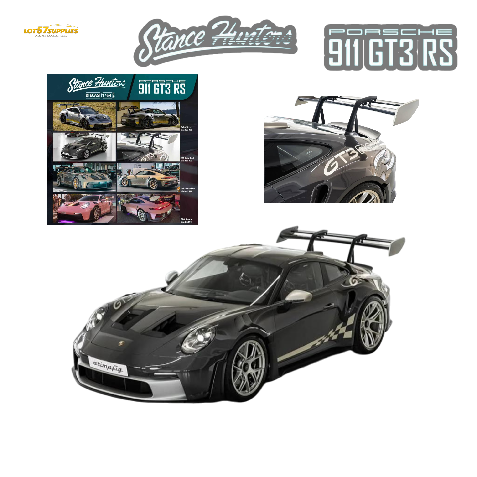 (Pre-Order) Stance Hunters Porsche 911 GT3 RS (992) - PTS Grey Black 1:64
