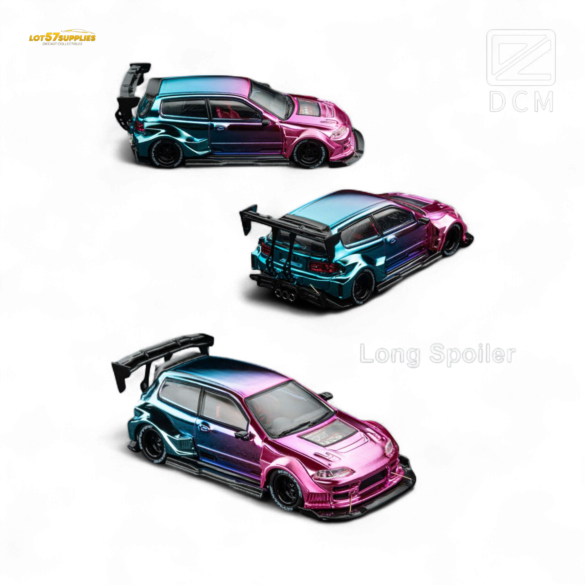 DCM Kevmannz 1996 EG6 Hatchback Wide Body - Dazzling Colorful Long Spoiler 1:64 - Collectors World Toys