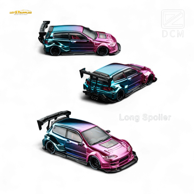 DCM Kevmannz 1996 EG6 Hatchback Wide Body - Dazzling Colorful Long Spoiler 1:64 - Collectors World Toys Hover Image