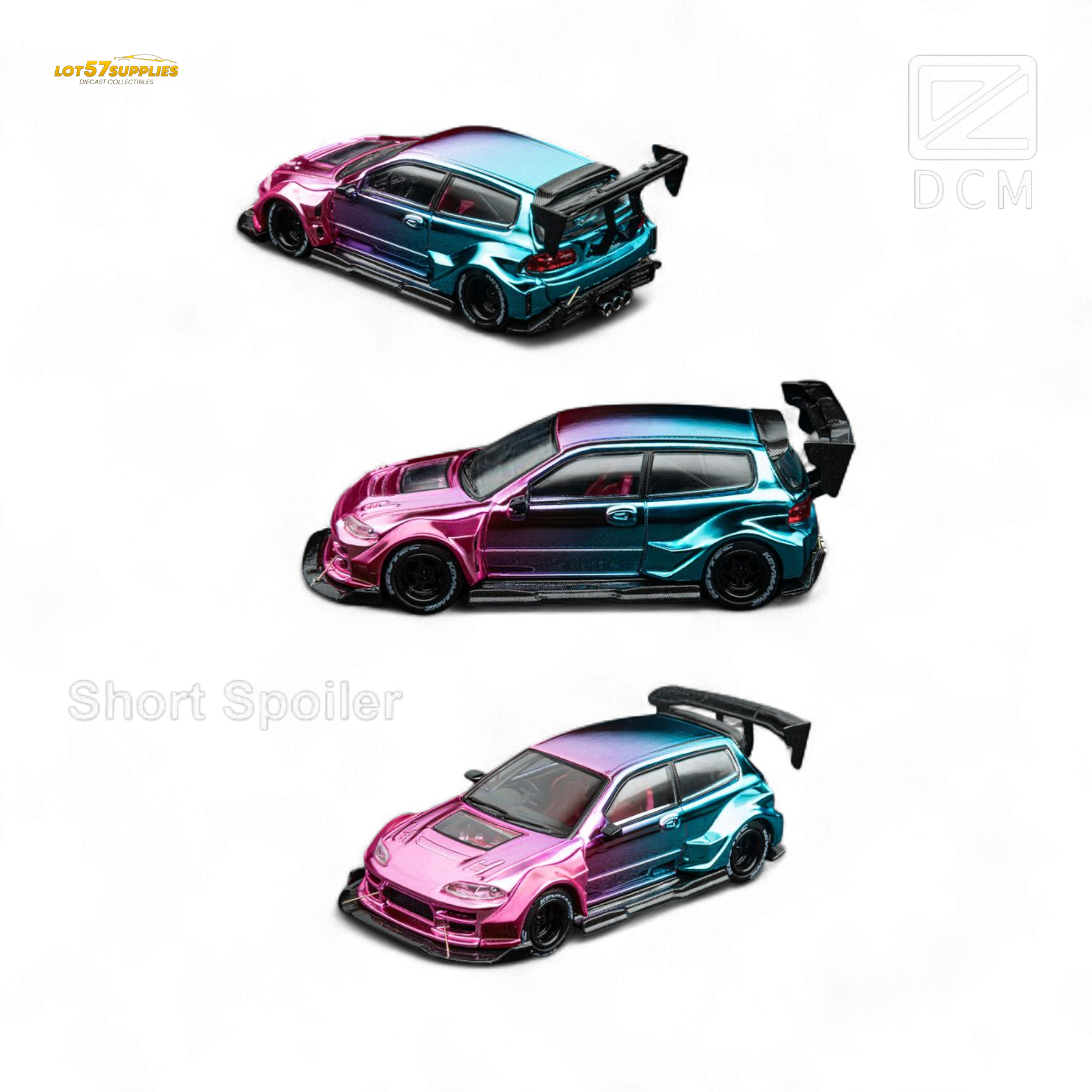 DCM Kevmannz 1996 EG6 Hatchback Wide Body - Dazzling Colorful Short Spoiler 1:64 - Collectors World Toys