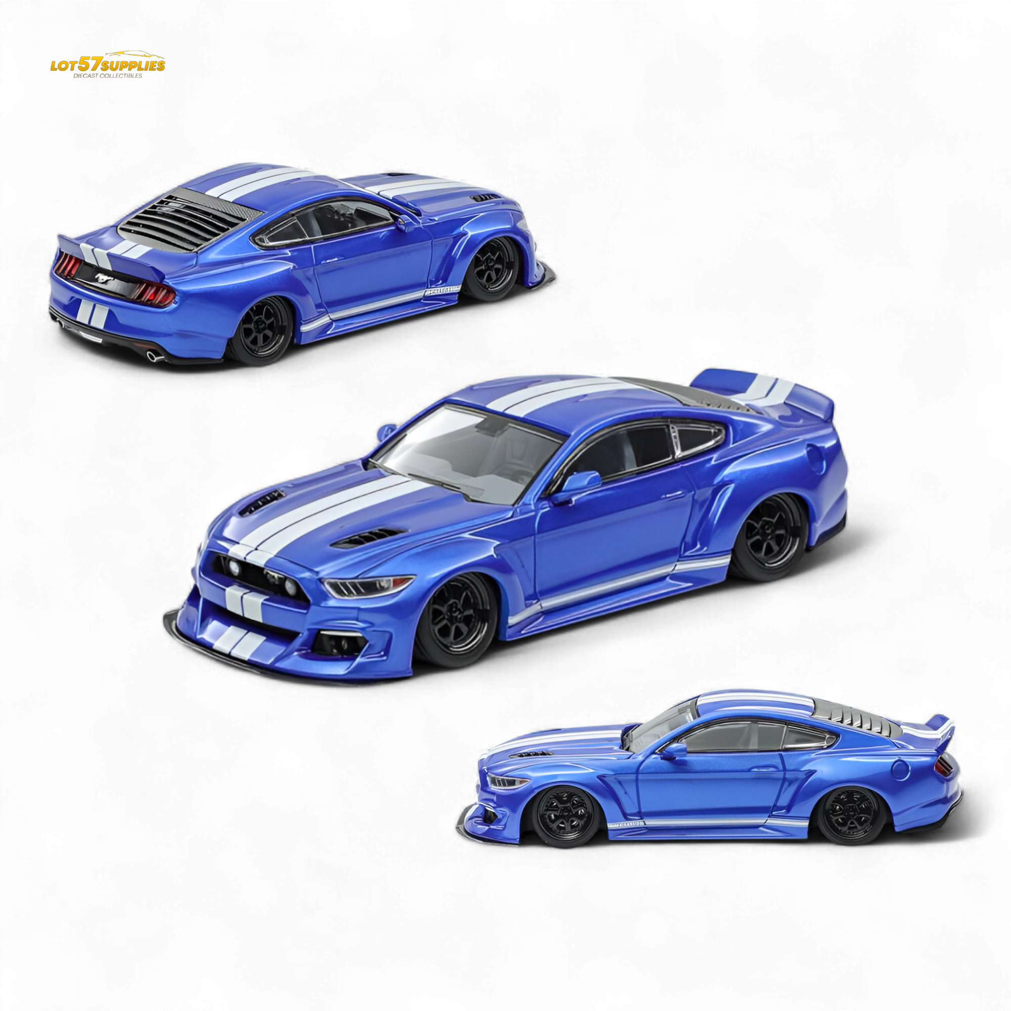(Pre-Order) Liberty 64 Mustang Lowered Widebody Kit - Metallic Blue + White Stripes 1:64 Main image