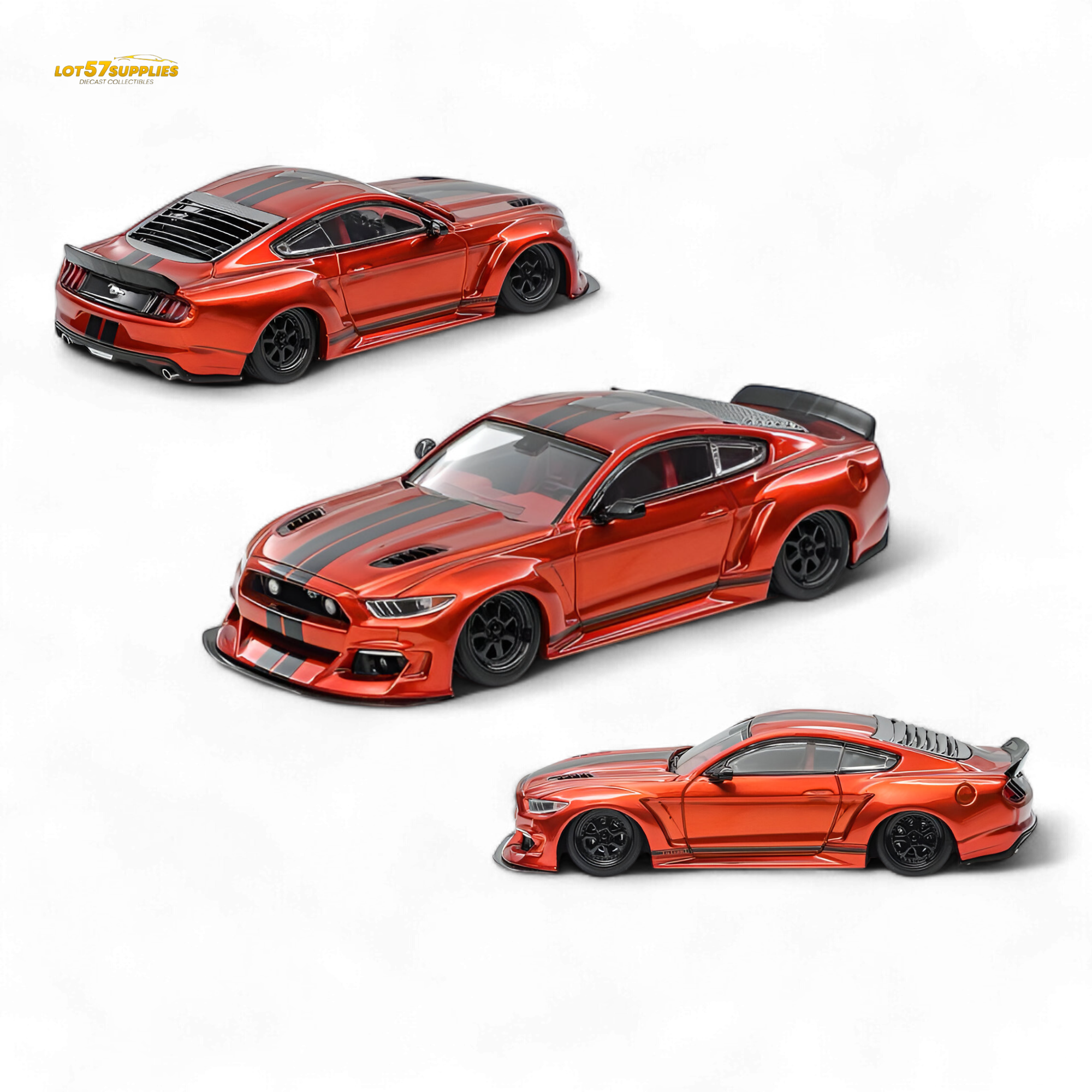 (Pre-Order) Liberty 64 Mustang Lowered Widebody Kit - Metallic Orange + Black Stripes 1:64 Main image