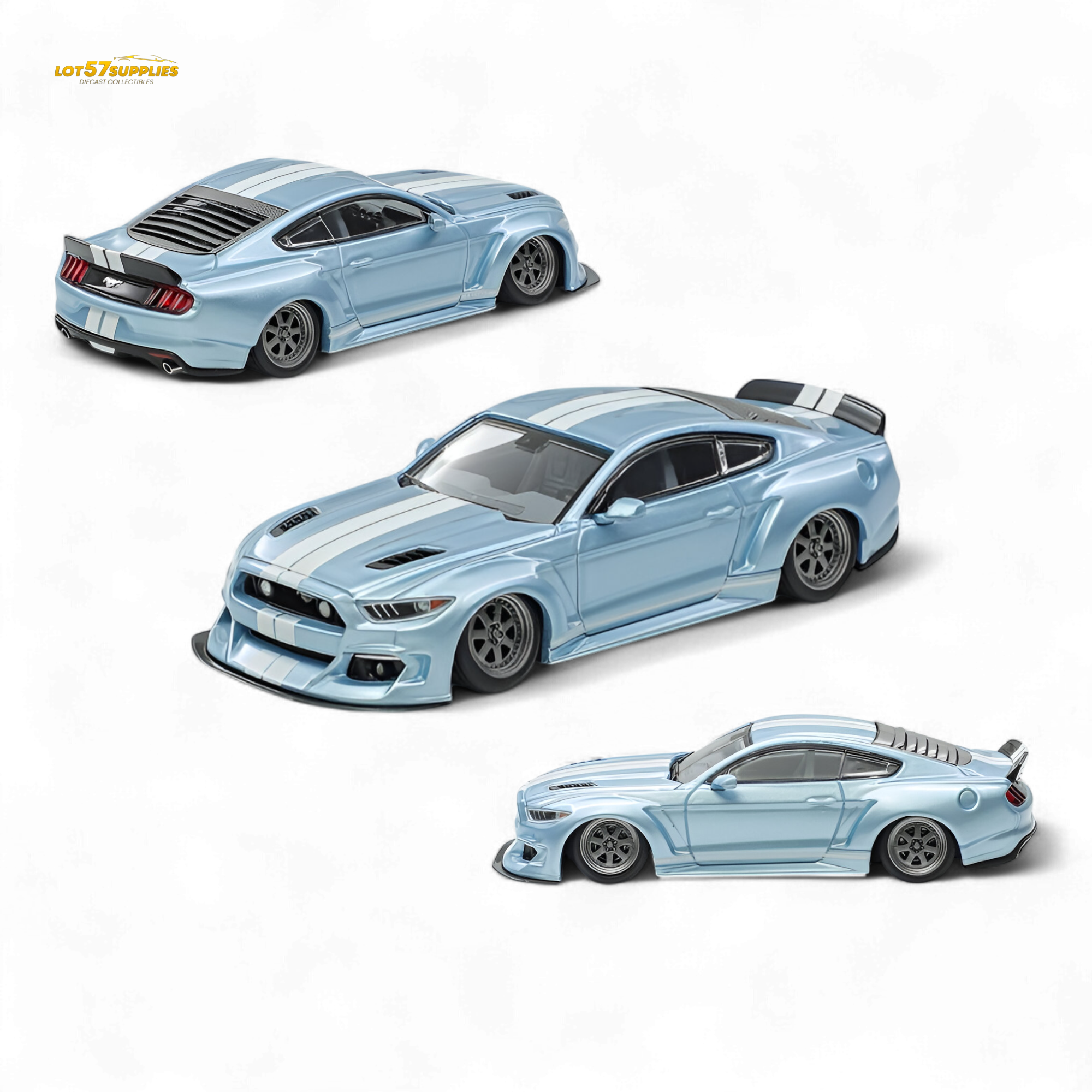 (Pre-Order) Liberty 64 Mustang Lowered Widebody Kit - Ice Blue + White Stripes 1:64 Main image