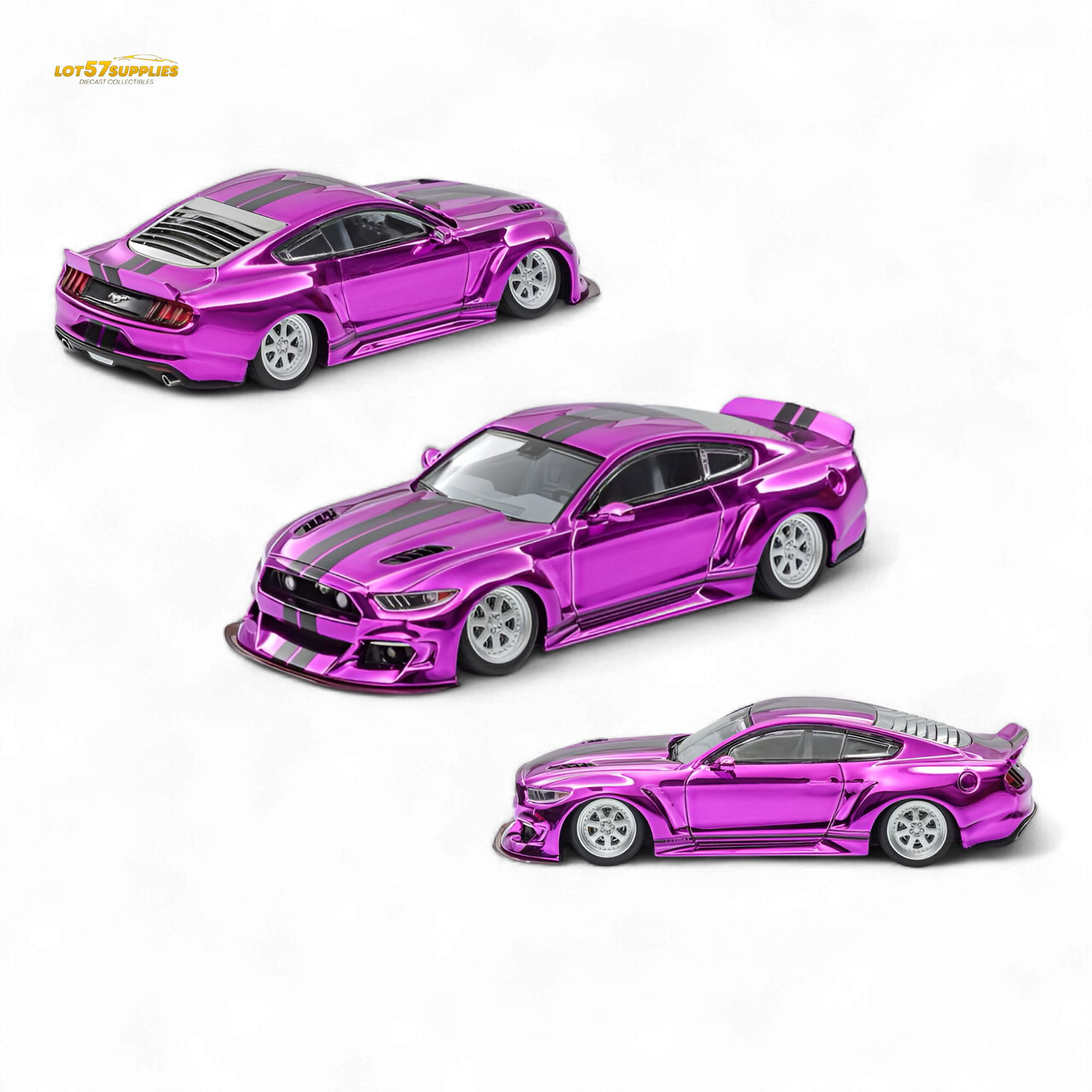 (Pre-Order) Liberty 64 Mustang Lowered Widebody Kit - Chrome Purple + Black Stripes 1:64 Main image