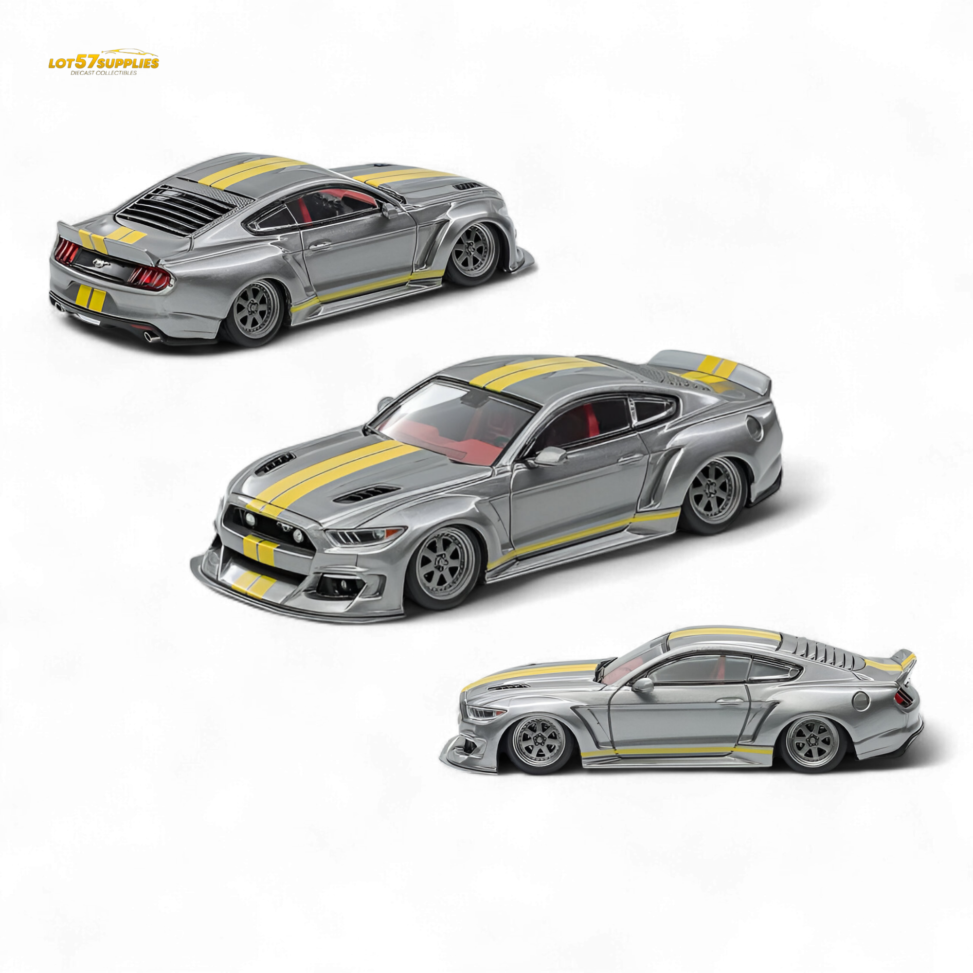 (Pre-Order) Liberty 64 Mustang Lowered Widebody Kit - Metallic Silver + Yellow Stripes 1:64 Main image