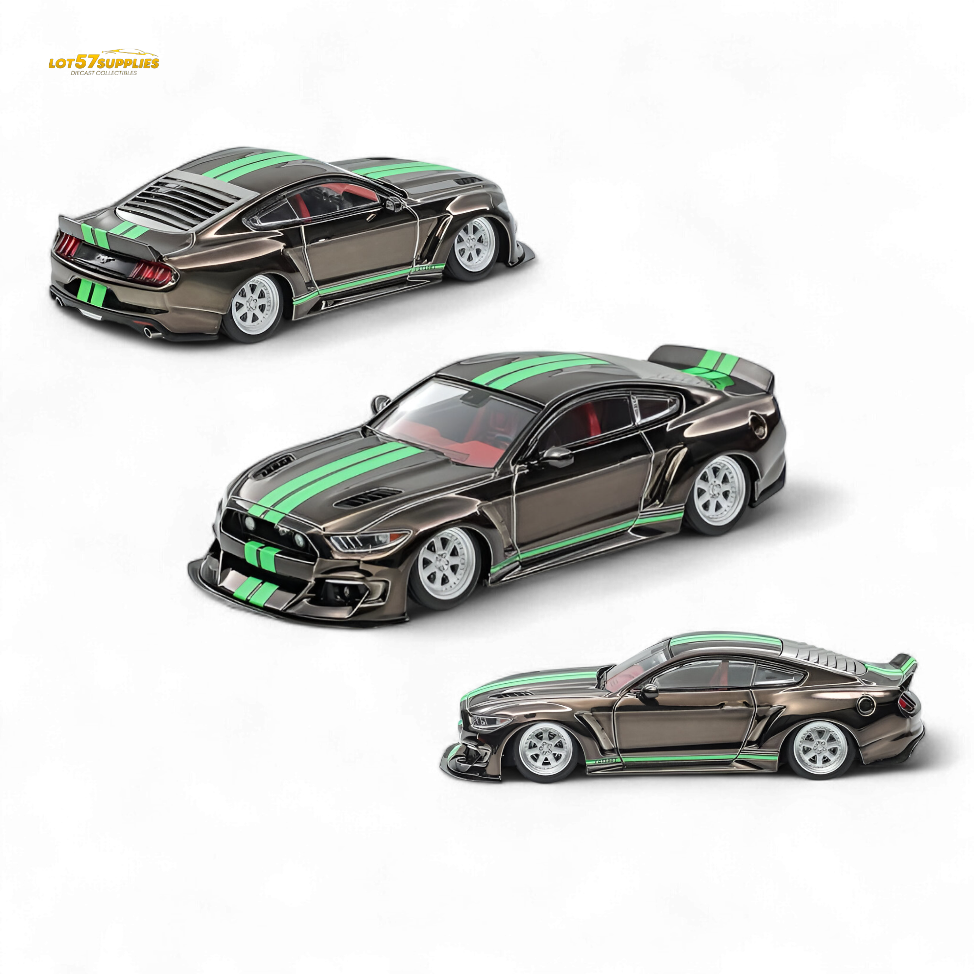 (Pre-Order) Liberty 64 Mustang Lowered Widebody Kit - Chrome Gun Grey + Fluorescent Green Stripes 1:64 Main image