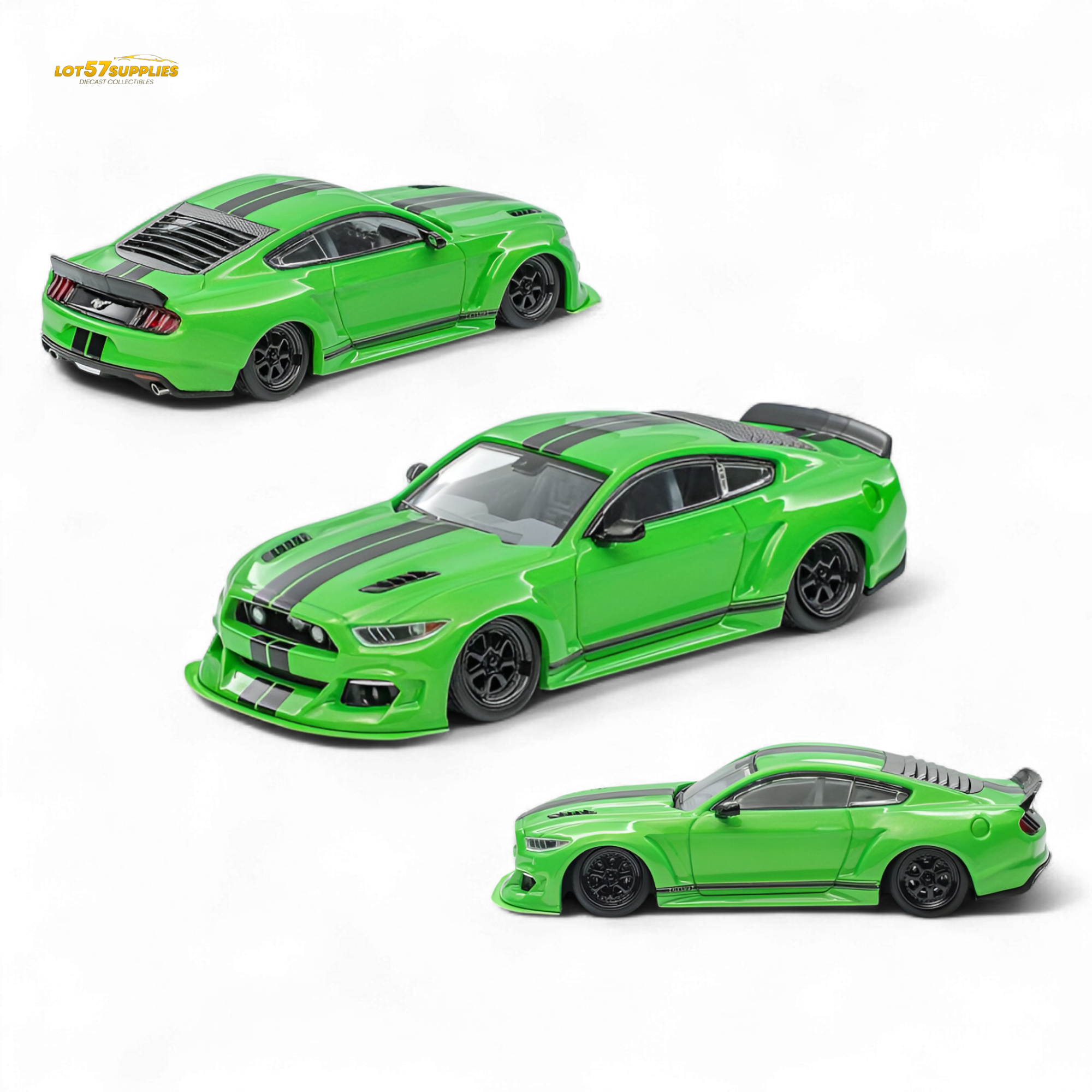 (Pre-Order) Liberty 64 Mustang Lowered Widebody Kit - Fluorescent Metallic Green + Black Stripes 1:64