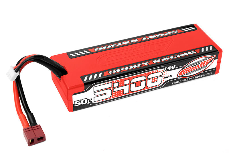 5400mAh 7.4v 2S 50C Hardcase Sport Racing LiPo Battery with Hardwired T-Plug Connector