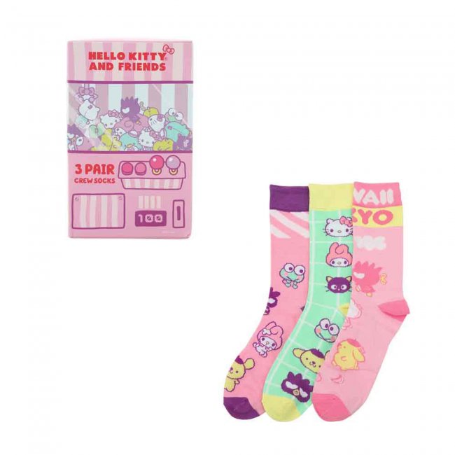 Hello Kitty & Friends Arcade 3 Pair Adult Crew Socks Box Set - Collectors World Toys