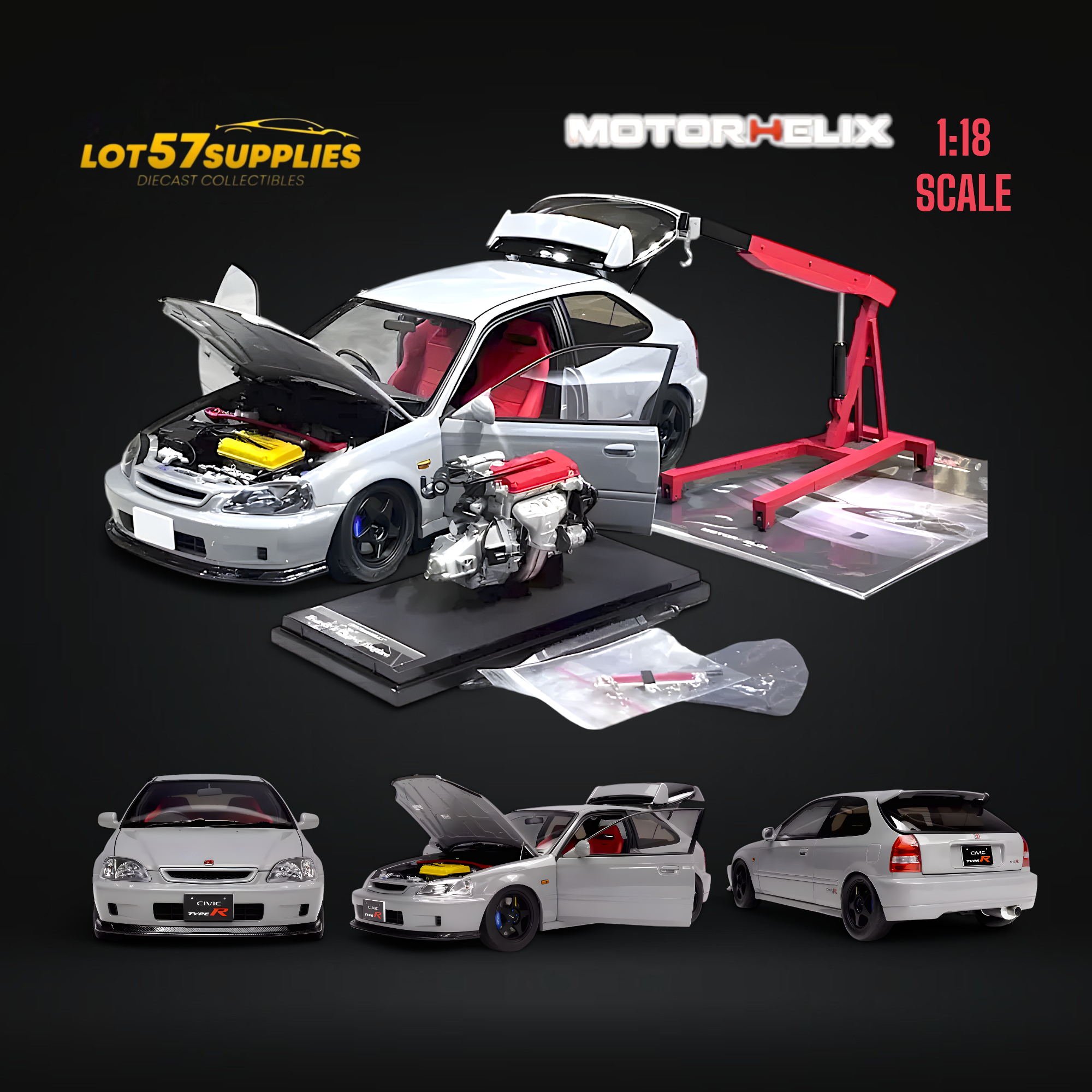 MOTORHELIX Honda Civic Type-R EK9 Nardo Grey With SW388 Wheels 1:18 Main image