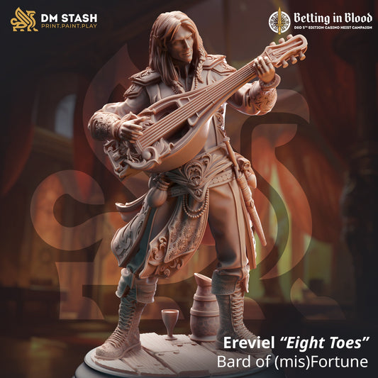 Ereviel “Eight Toes”, Bard of (mis)Fortune (Male Elf Bard)