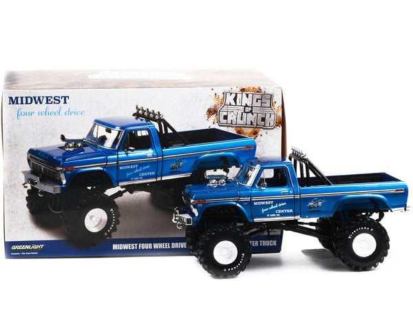 1974 Ford F-250 Ranger XLT Monster Truck with 48-Inch Tires Blue Metallic "Midwest Four Wheel Drive Center" "Kings of Crunch" Series 1/18 Diecast Model Car by Greenlight