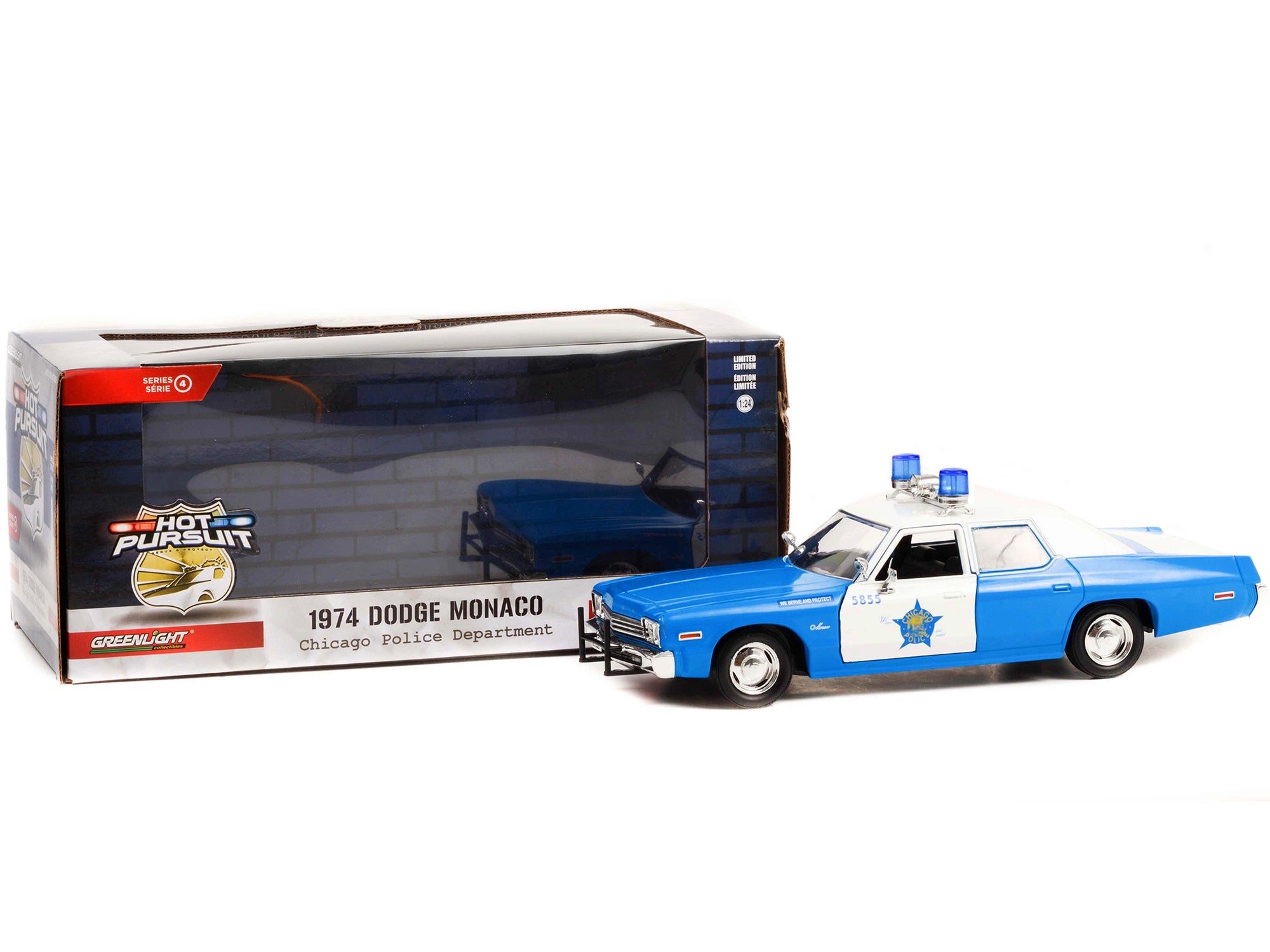 1974 Dodge Monaco Blue and White CPD "Chicago Police Department" (Illinois) "Hot Pursuit" Series 1/24 Diecast Model Car by Greenlight