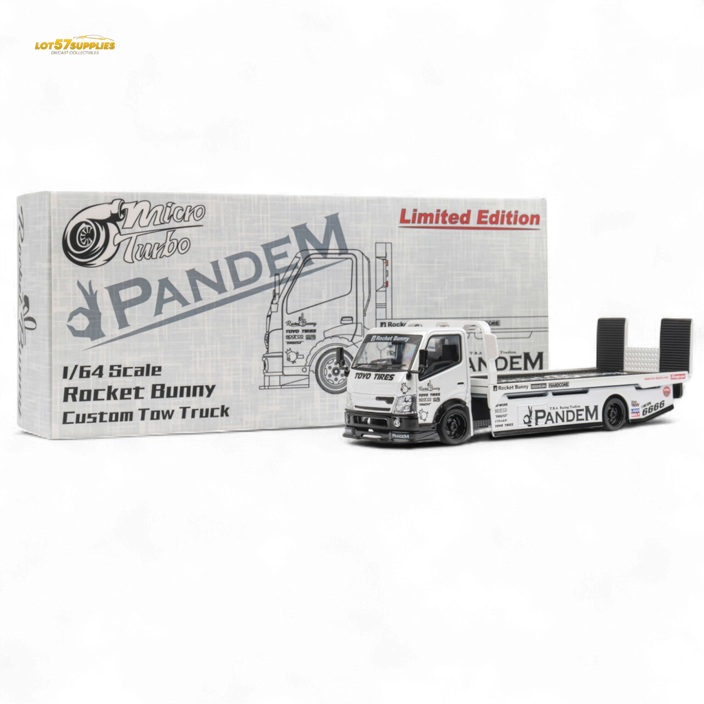 MicroTurbo HINO 300 Flat Bed Transport Truck in Pandem Rocket Bunny White 1:64 - Collectors World Toys