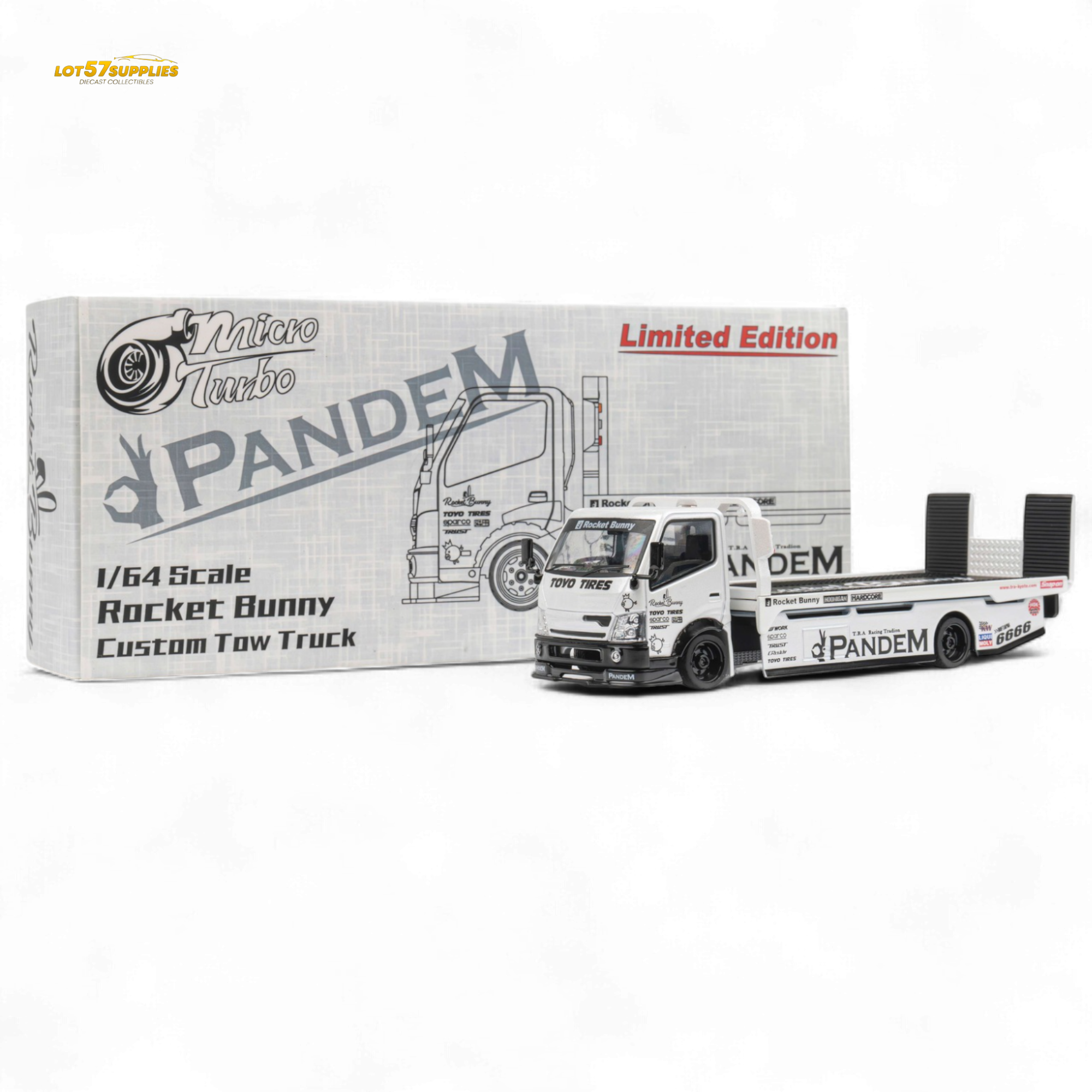 MicroTurbo HINO 300 Flat Bed Transport Truck in Pandem Rocket Bunny White 1:64 - Collectors World Toys