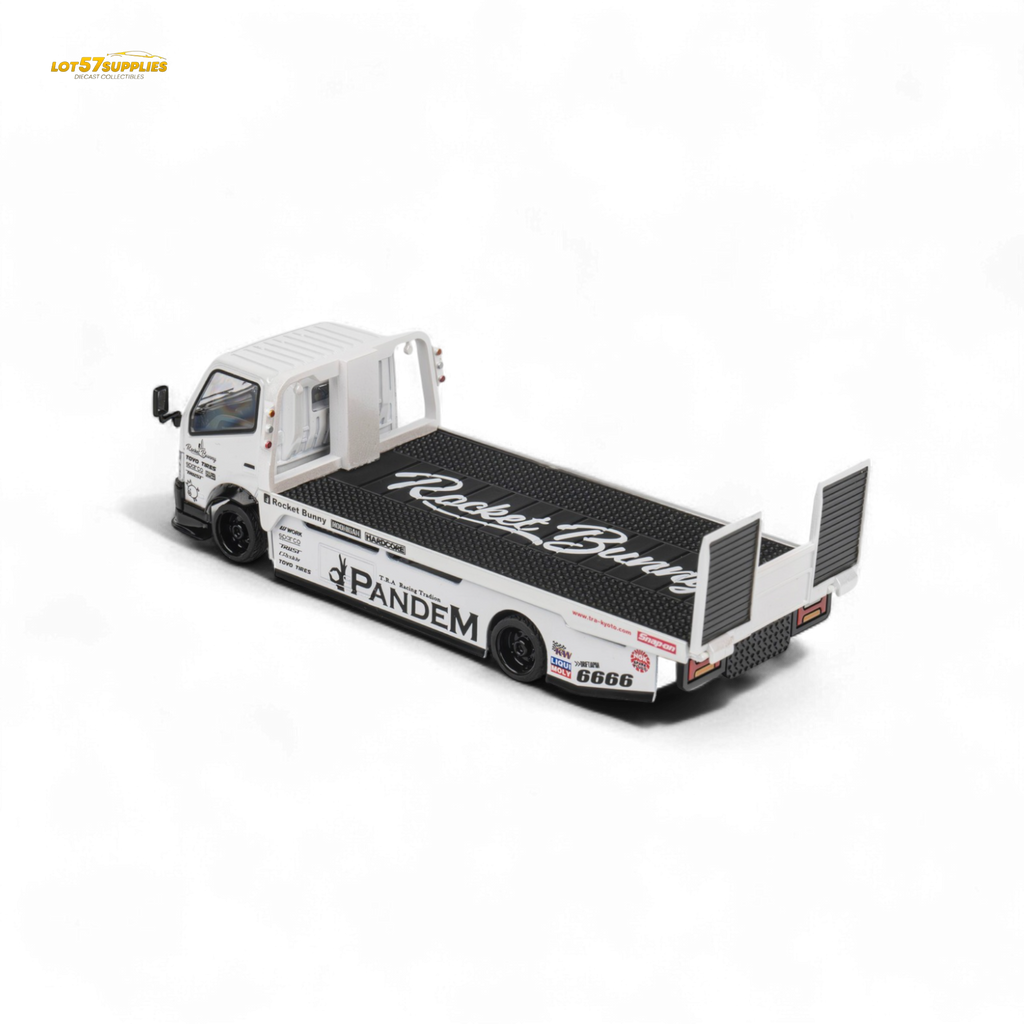 MicroTurbo HINO 300 Flat Bed Transport Truck in Pandem Rocket Bunny White 1:64 - Collectors World Toys