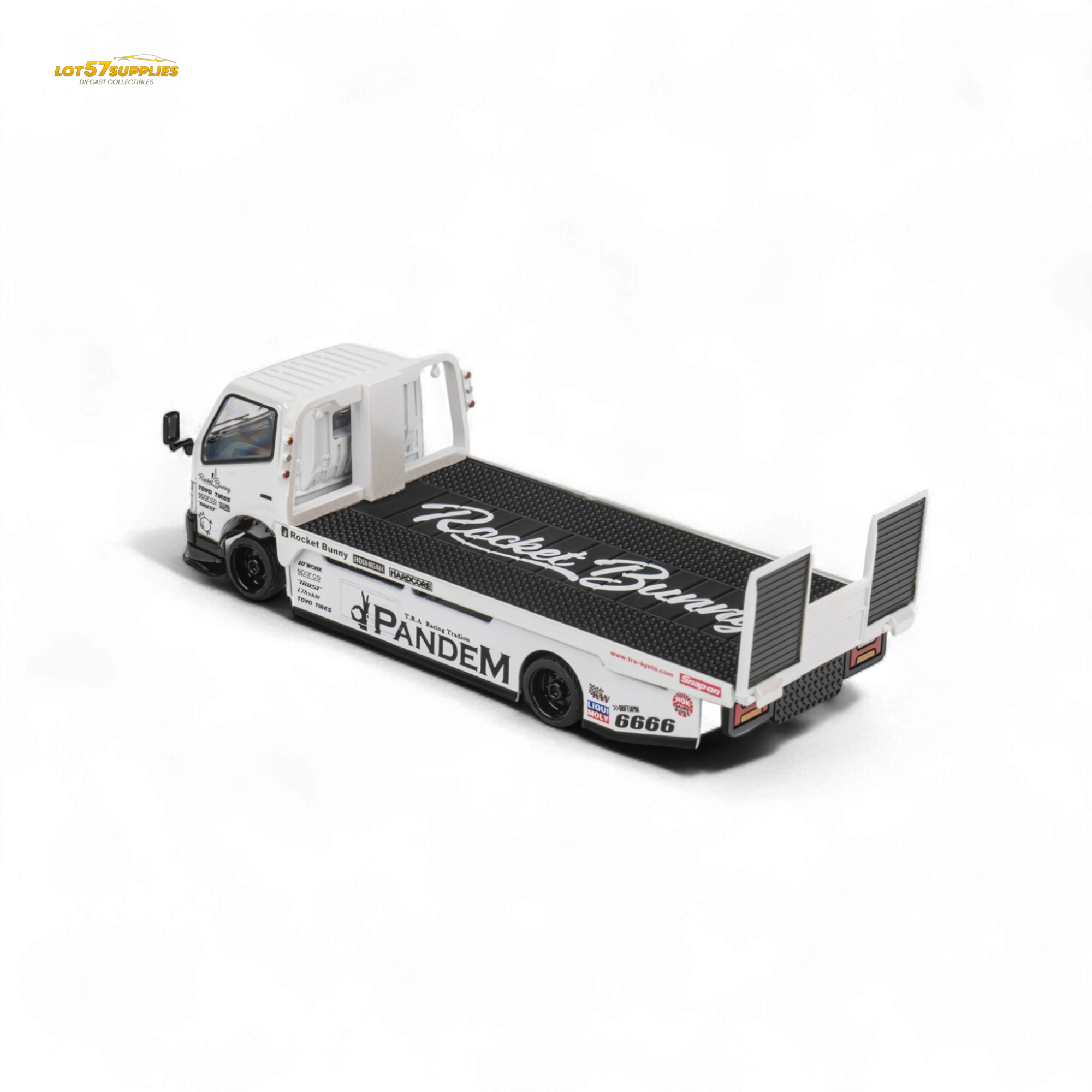 MicroTurbo HINO 300 Flat Bed Transport Truck in Pandem Rocket Bunny White 1:64 - Collectors World Toys