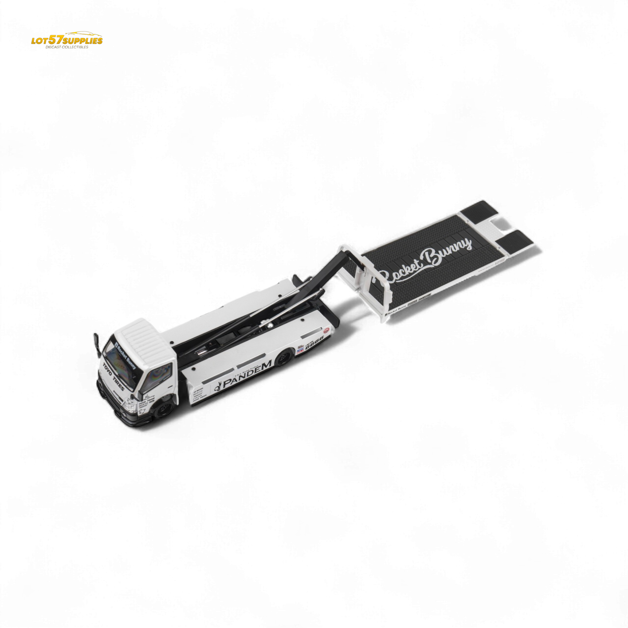 MicroTurbo HINO 300 Flat Bed Transport Truck in Pandem Rocket Bunny White 1:64 - Collectors World Toys