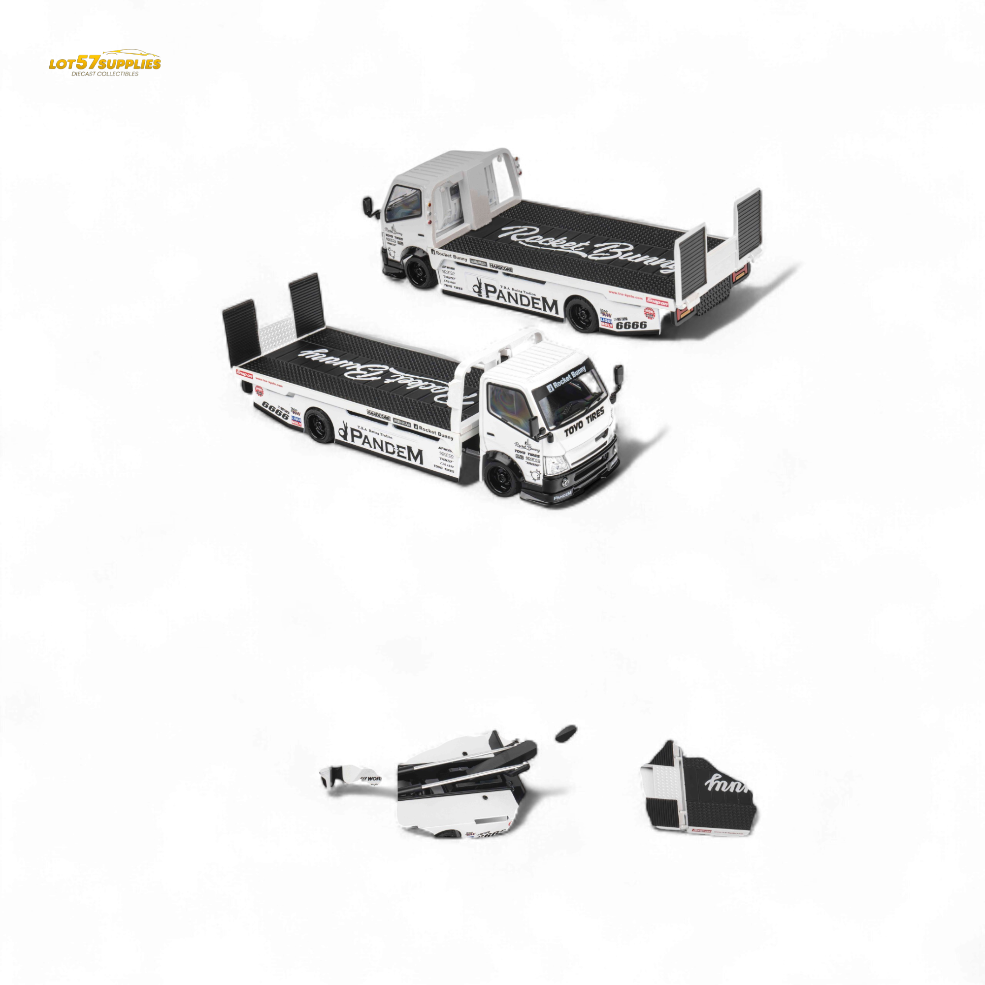 MicroTurbo HINO 300 Flat Bed Transport Truck in Pandem Rocket Bunny White 1:64 - Collectors World Toys