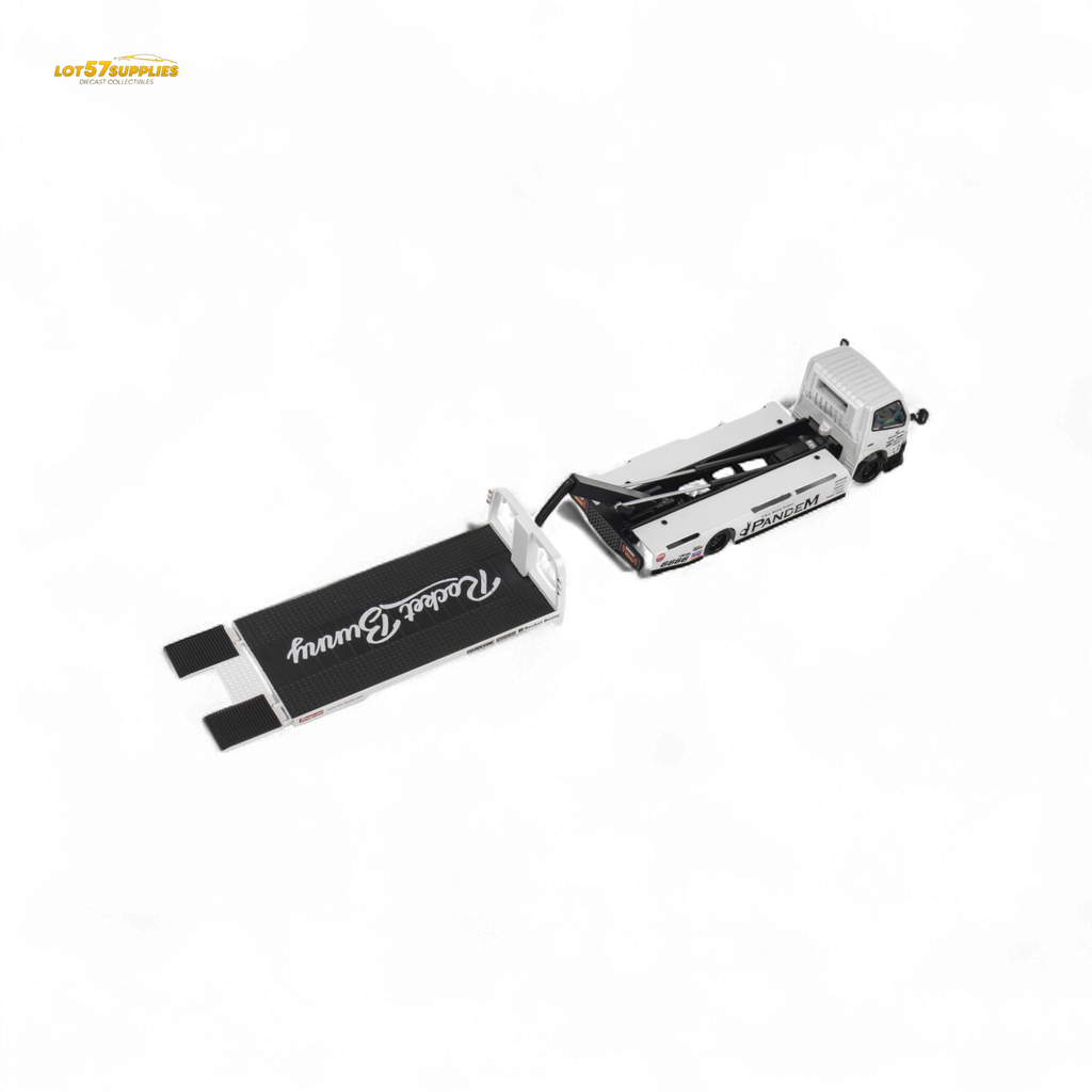 MicroTurbo HINO 300 Flat Bed Transport Truck in Pandem Rocket Bunny White 1:64 - Collectors World Toys