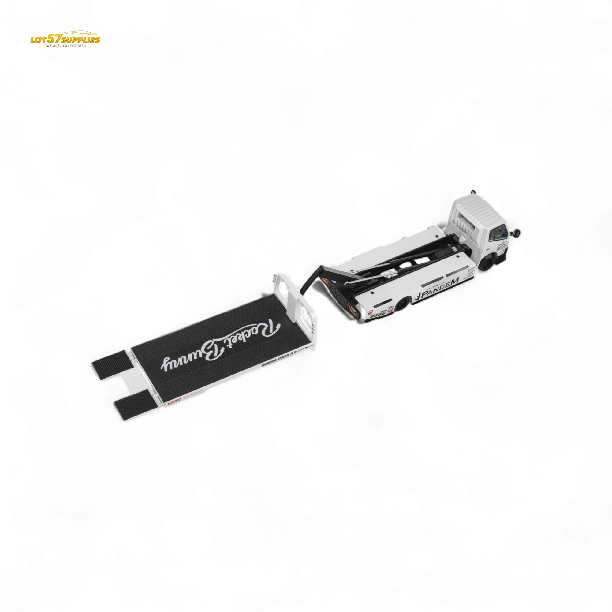 MicroTurbo HINO 300 Flat Bed Transport Truck in Pandem Rocket Bunny White 1:64 - Collectors World Toys