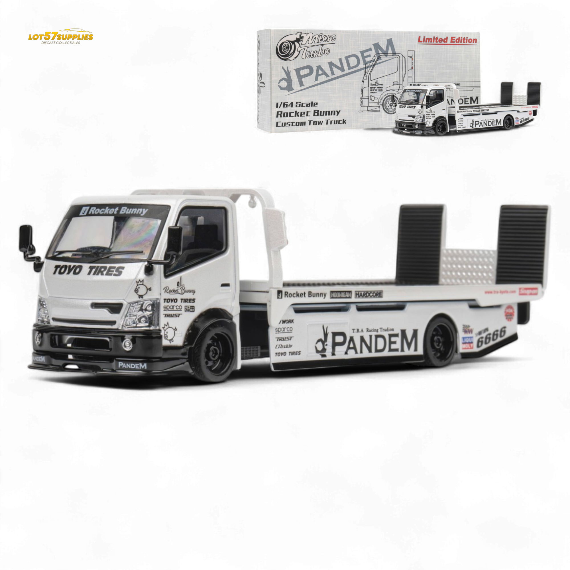 MicroTurbo HINO 300 Flat Bed Transport Truck in Pandem Rocket Bunny White 1:64 Main image