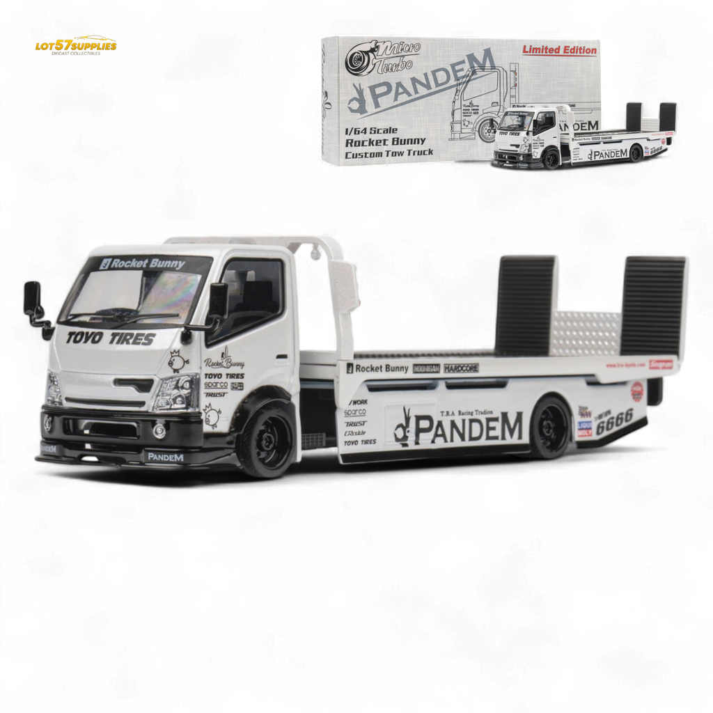 MicroTurbo HINO 300 Flat Bed Transport Truck in Pandem Rocket Bunny White 1:64 - Collectors World Toys