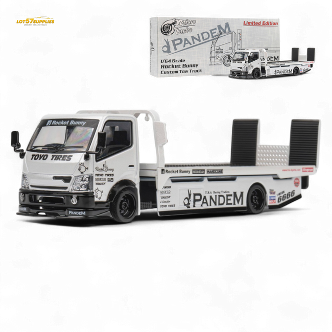MicroTurbo HINO 300 Flat Bed Transport Truck in Pandem Rocket Bunny White 1:64 - Collectors World Toys Hover Image