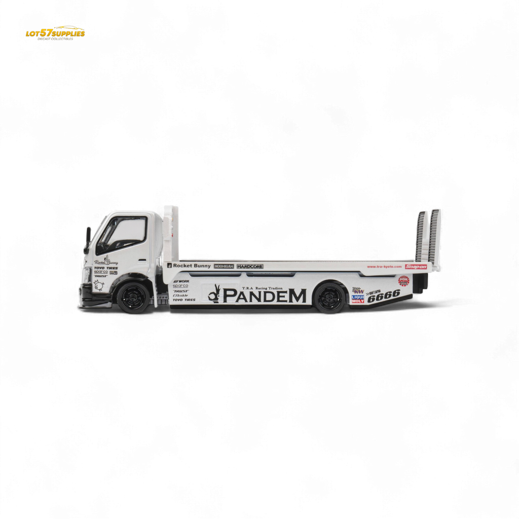 MicroTurbo HINO 300 Flat Bed Transport Truck in Pandem Rocket Bunny White 1:64 - Collectors World Toys