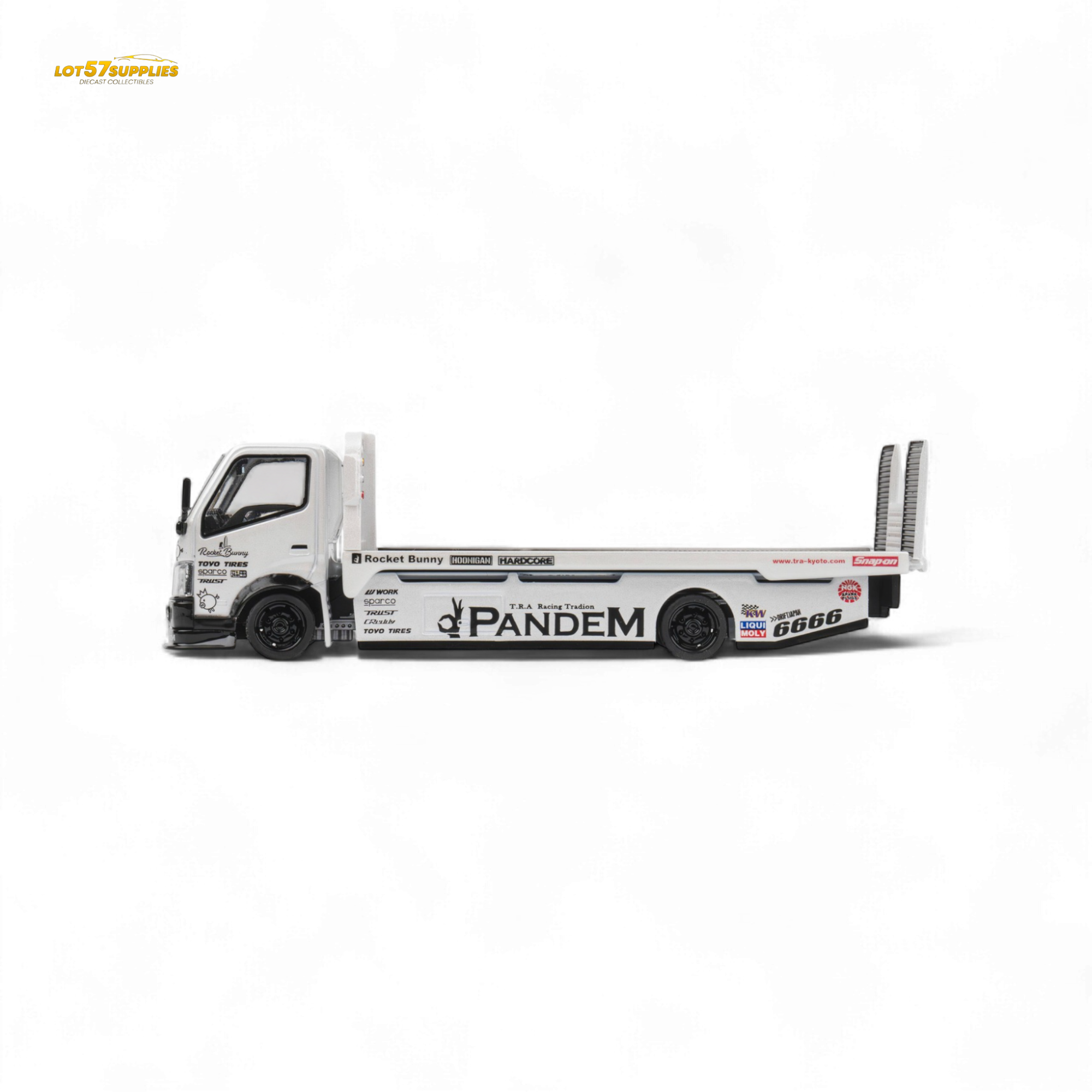 MicroTurbo HINO 300 Flat Bed Transport Truck in Pandem Rocket Bunny White 1:64 - Collectors World Toys