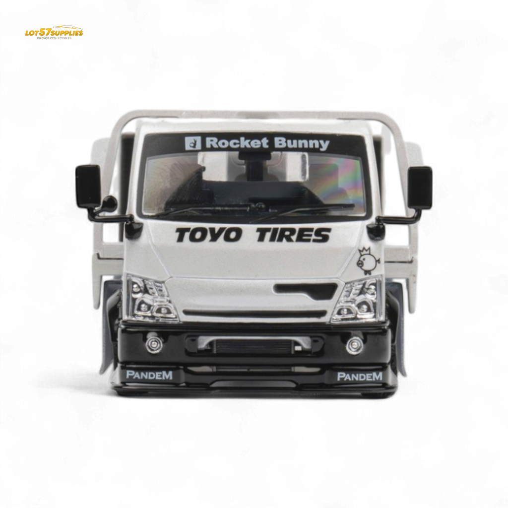 MicroTurbo HINO 300 Flat Bed Transport Truck in Pandem Rocket Bunny White 1:64 - Collectors World Toys