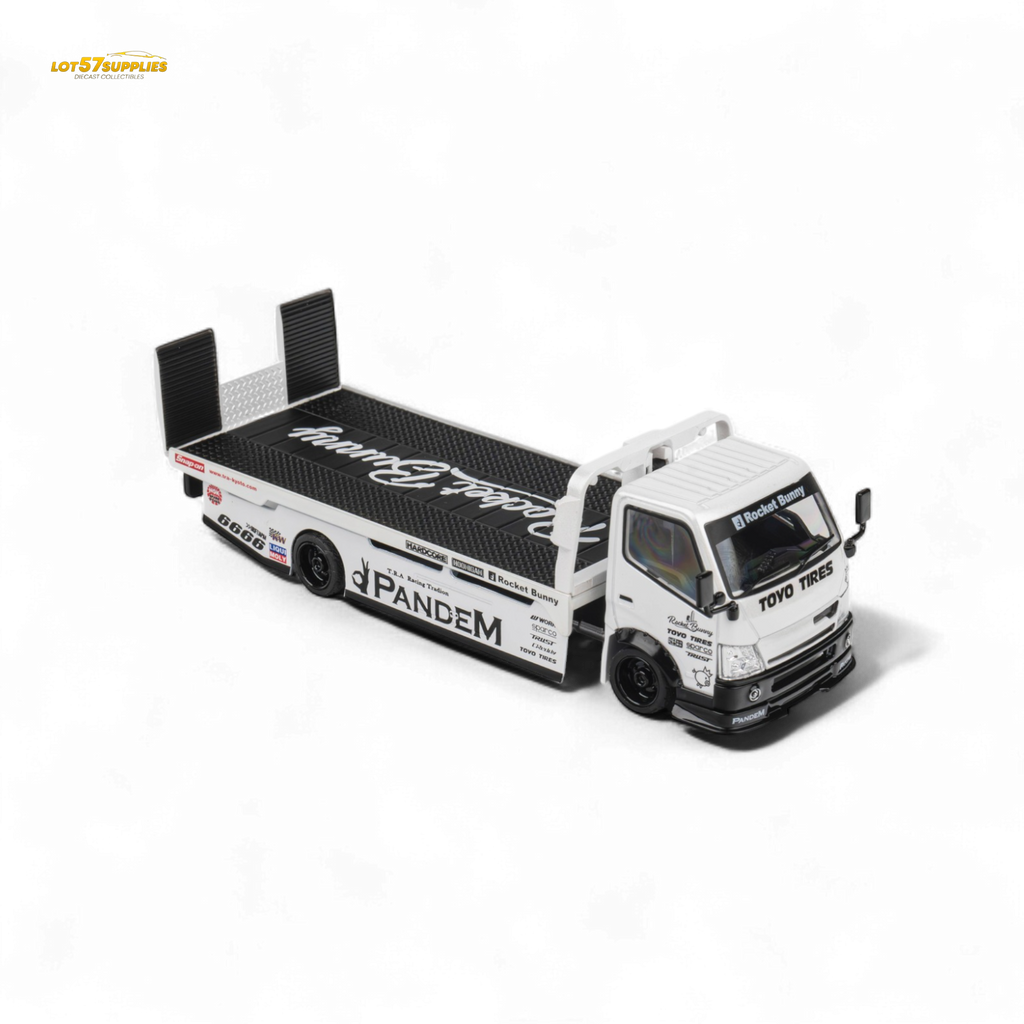 MicroTurbo HINO 300 Flat Bed Transport Truck in Pandem Rocket Bunny White 1:64 - Collectors World Toys