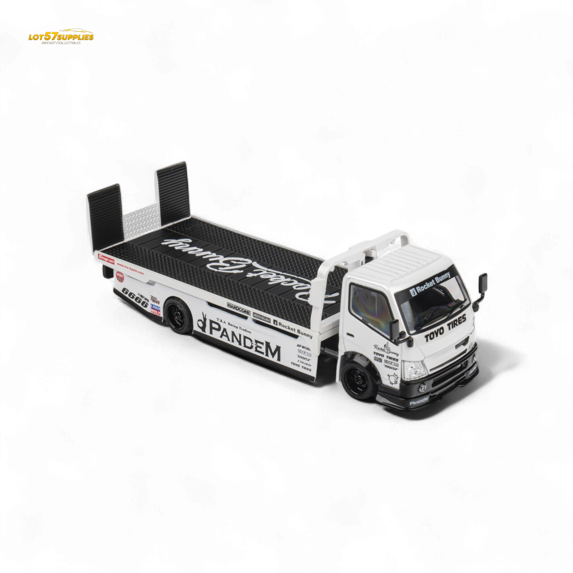 MicroTurbo HINO 300 Flat Bed Transport Truck in Pandem Rocket Bunny White 1:64 - Collectors World Toys