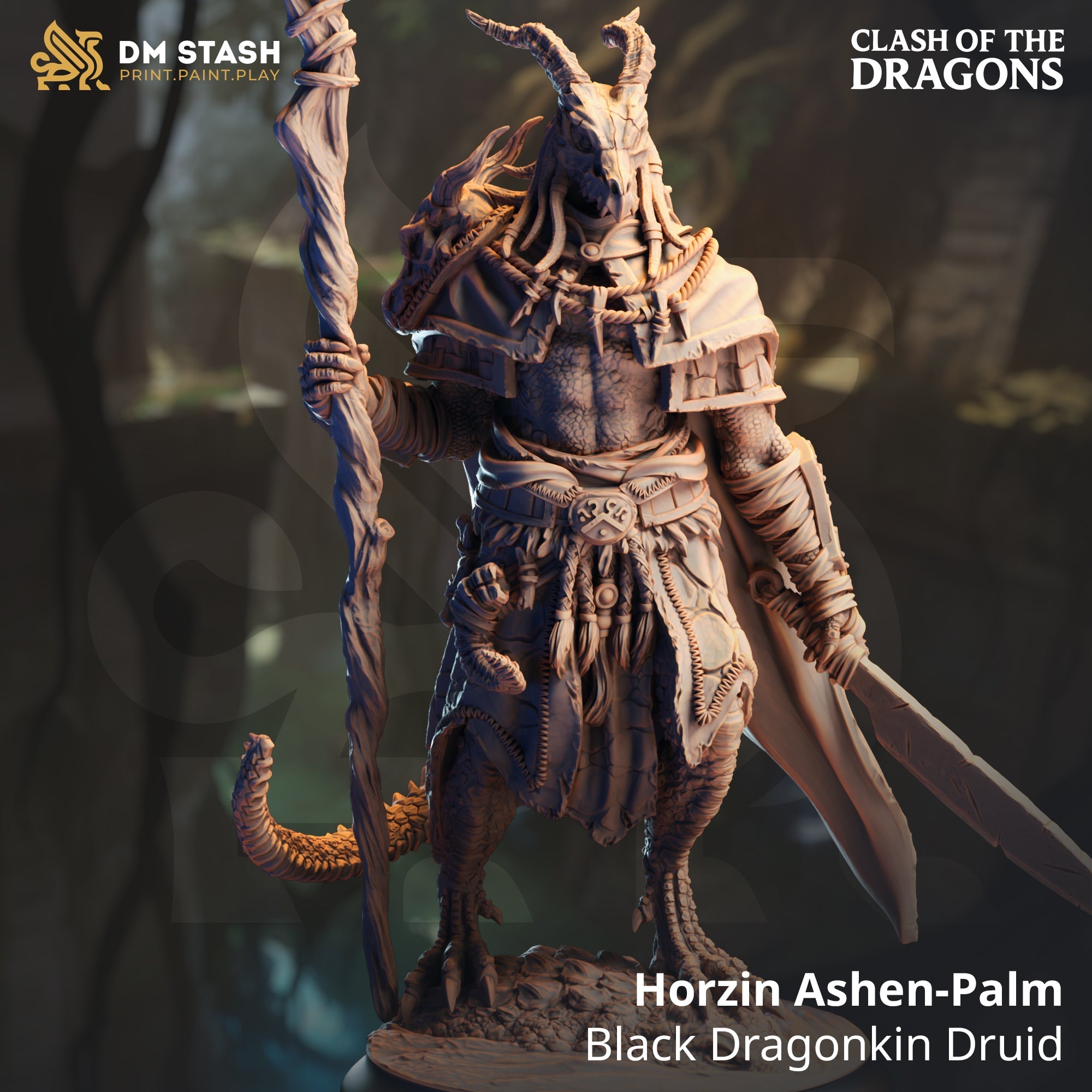 Horzin Ashen-Palm, Black Dragonkin Druid (Male Dragonborn Druid) Main image