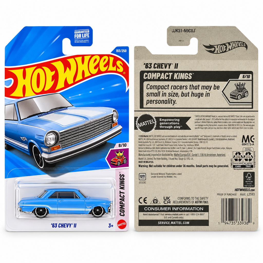 2026 Hot Wheels '63 Chevy II Compact Kings 8/10 #193/250 cleaned front and back package