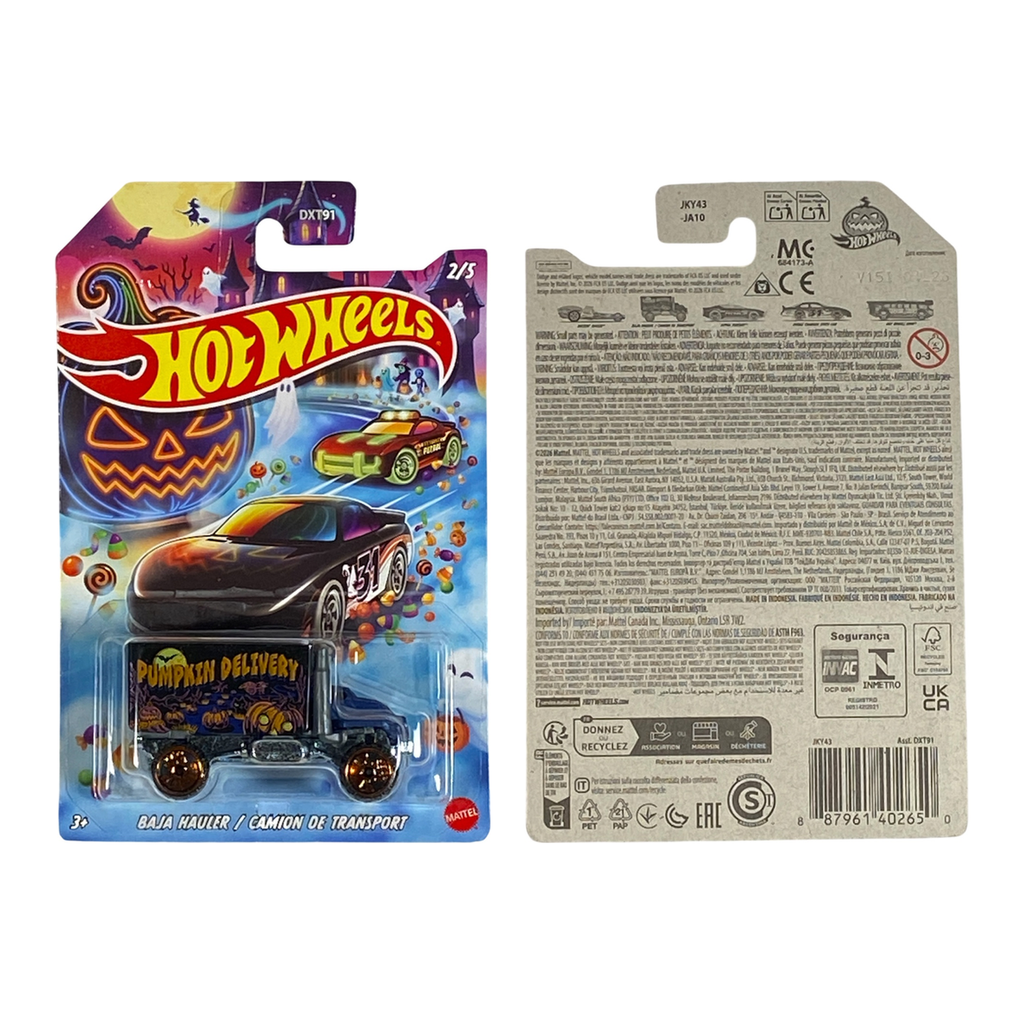 2026 Hot Wheels Baja Hauler Halloween 2/5 Pumpkin Delivery front and back package
