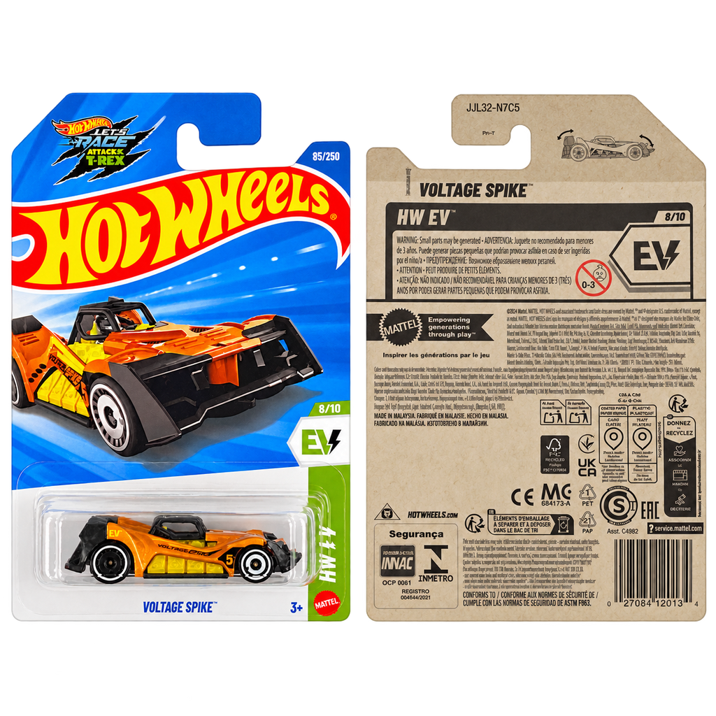 2026 Hot Wheels Voltage Spike HW EV 8/10 #85/250 orange JJL32 front and back package transparent background