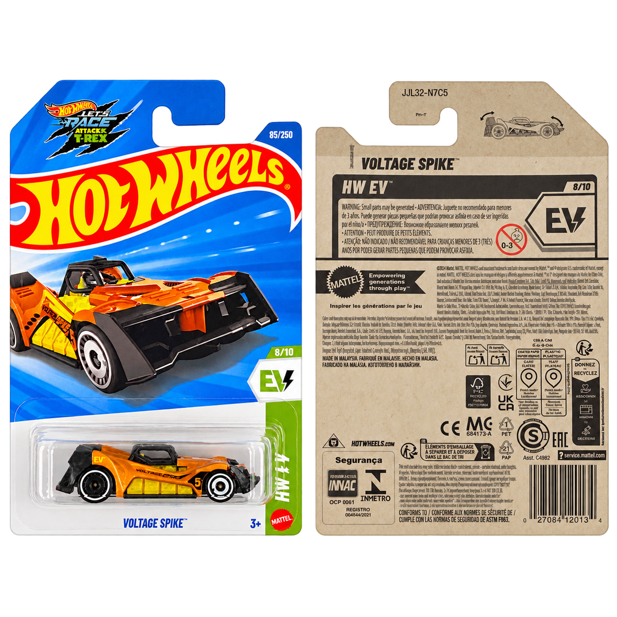 2026 Hot Wheels Voltage Spike HW EV 8/10 #85/250 orange JJL32 front and back package transparent background