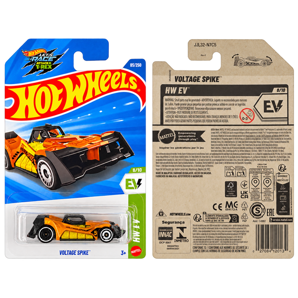 2026 Hot Wheels Voltage Spike HW EV 8/10 #85/250 orange JJL32 front and back package transparent background