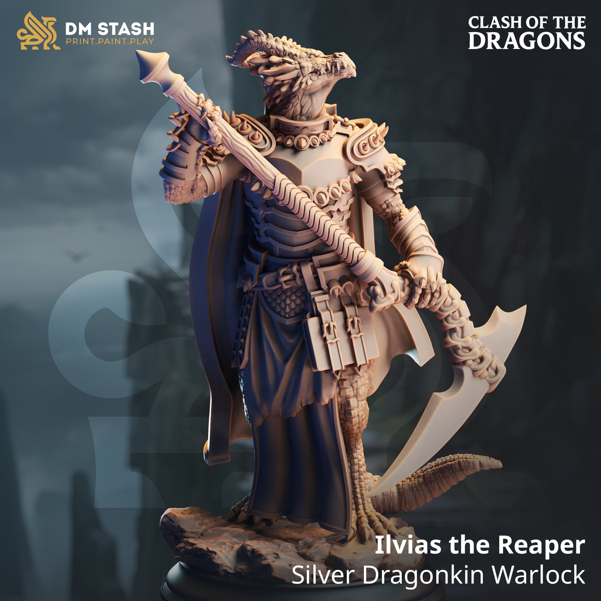 Ilvias the Reaper, Silver Dragonkin Warlock (Male Dragonborn Warlock) Main image