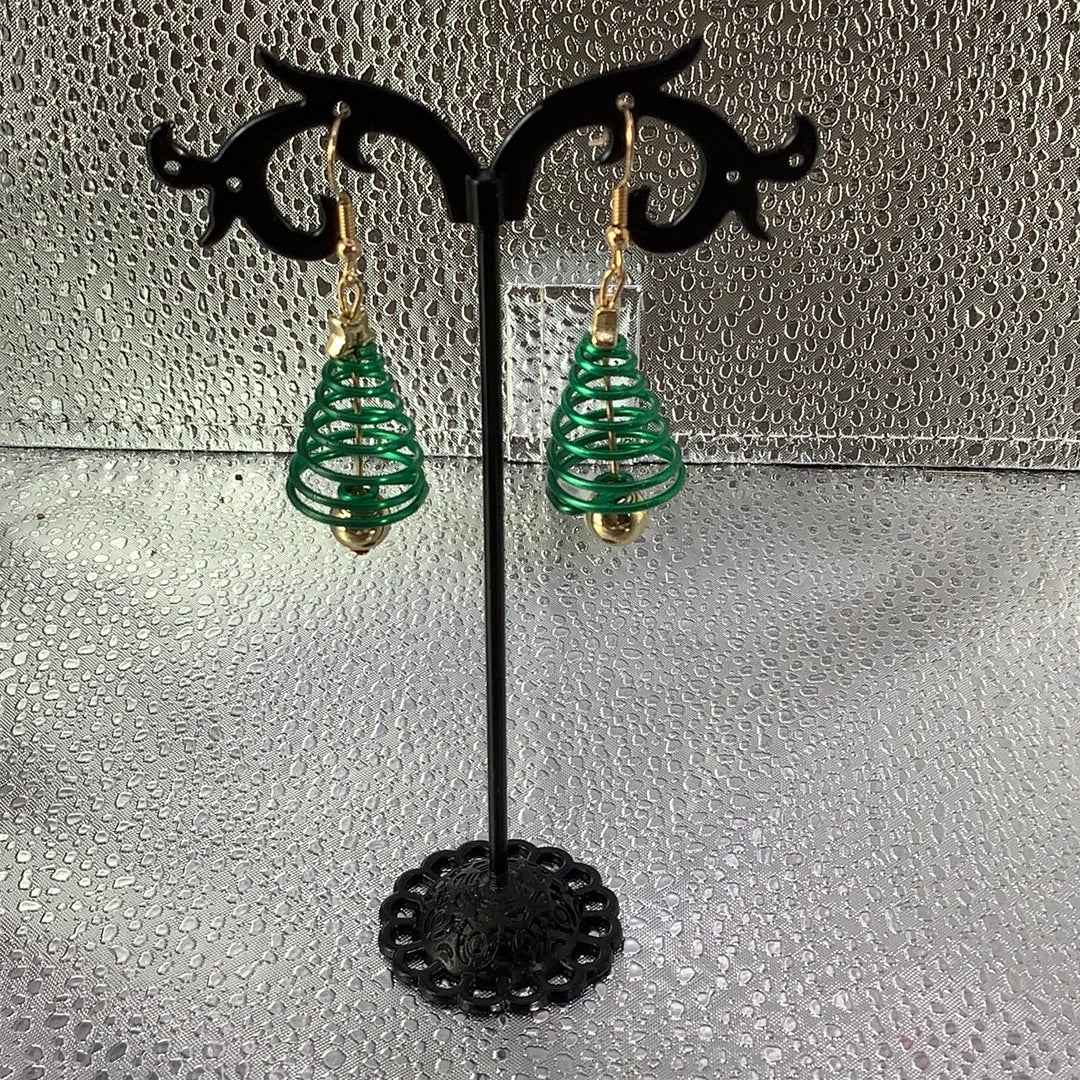 Green Christmas trees with gold bells earrings Main image