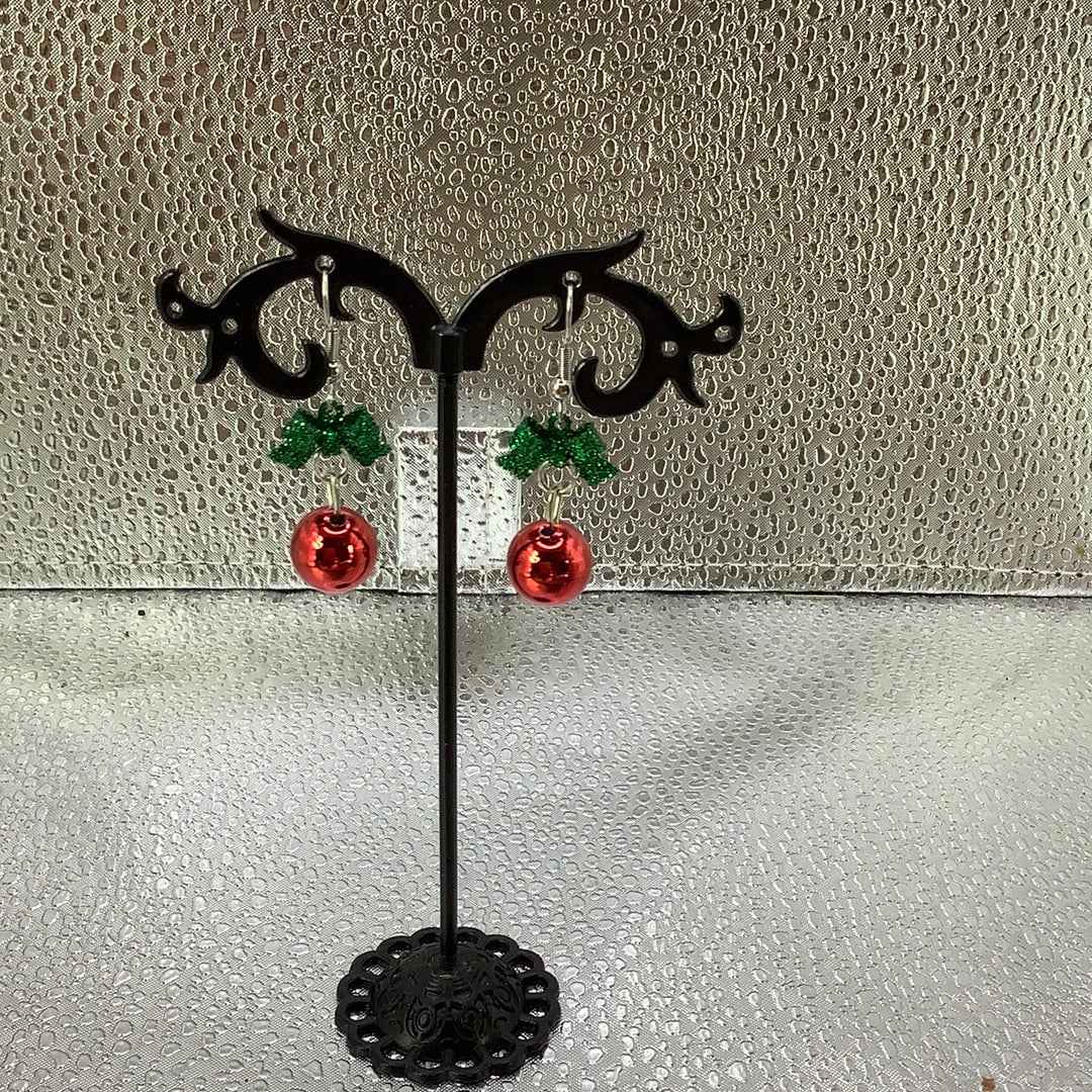 Green bows and red Christmas bulb earrings Main image