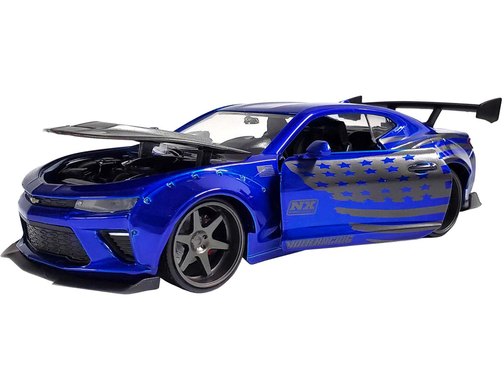 2016 Chevrolet Camaro Widebody Candy Blue with Gray Metallic Hood and American Flag Graphics "Bigtime Muscle" Series 1/24 Diecast Model Car by Jada